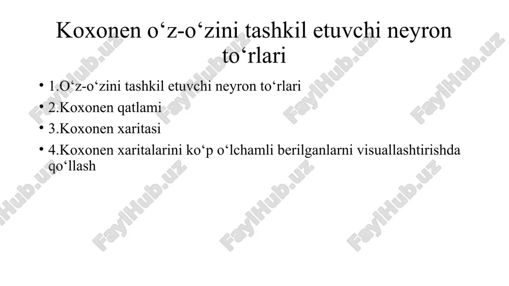 ini tashkil etuvchi neyron to‘rlari har qanday raqobatdosh neyron kirish ma'lumotlari va vazn vektori o'rtasida o'xshashlik o'lchovi hisoblaydi. odatda, o'xshashlikni o'lchash uchun evklid masofasidan yoki farqning absolyut qiymati ishlatiladi: koxonen o‘z-o‘zini tashkil etuvchi neyron to‘rlari koxonen o‘z-o‘zini tashkil etuvchi neyron to‘rlari o'z-o'zini tashkil qiluvchi xarita o'zining arxitekturasi va algoritmik xususiyatlari bilan odatdagi neyron tarmoqlaridan farq qiladi. birinchidan, uning tuzilishi bir qator qatlamlar o'rniga neyronlarning bir qatlamli chiziqli 2d ko’rinishidan iborat. ushbu tarmoqdagi barcha tugunlar to'g'ridan-to'g'ri kirish vektoriga ulanadi, lekin bir-biriga emas, ya'ni tugunlar o'z qo'shnilarining qiymatlarini bilmaydi va faqat berilgan kirishlar funktsiyasi sifatida ulanishlarining og'irligini yangilaydi. koxonen o‘z-o‘zini tashkil etuvchi neyron to‘rlari to'rning o'zi har bir iteratsiyada kirish ma'lumotlarini kiritish funktsiyasi sifatida o'zini tashkil etadigan xaritadir. shunday qilib, klasterlashgandan so'ng, har bir tugun o'zining (i,j) koordinatasiga ega bo'lib, bu pifagor teoremasi yordamida 2 tugun orasidagi evklid masofasini hisoblash imkonini beradi. koxonen o‘z-o‘zini tashkil etuvchi neyron to‘rlari to'rning o'zi har bir …