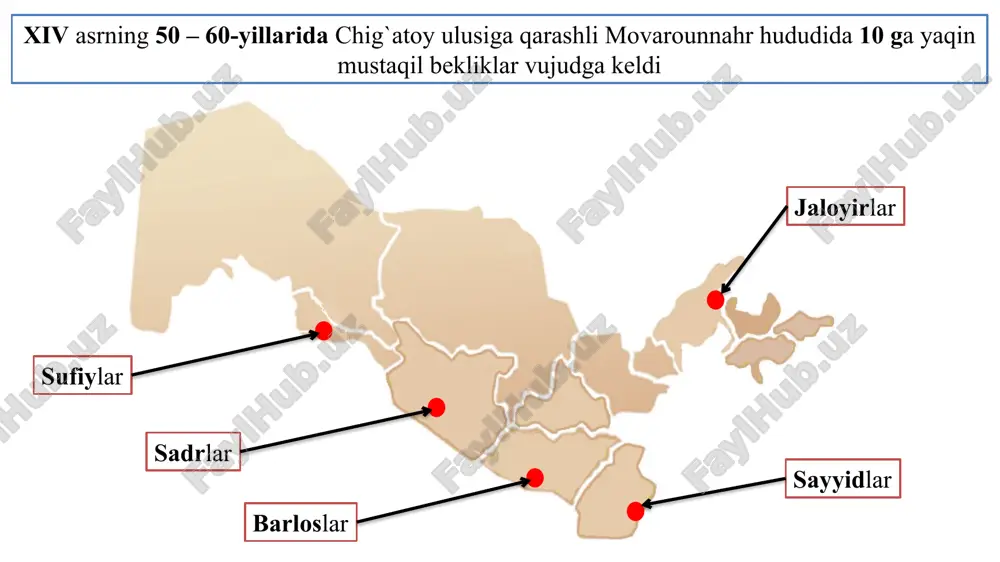 do`stlari, shuningdek, piri sayyid baraka ishtirokida qurultoy o`tkaziladi. qurultoyda amir temurning hukmdorligi rasman tan olinib, u movarounnahrning amiri deb e'lon qilinadi. markazlashgan davlatning tashkil topishi 1370-71-yil sharqiy turkistonga hujum mo`g`ul xoni kepakka zarba berish (farg`ona, o`tror, sayram) 1371-yil bahori zinda chashmga zarba berdi va afg`onistonning shibirg`on viloyati bo`isundirildi 5 marotaba yurish 1371, 1373, 1375, 1379, 1388 yillar xorazmga yurish- yusuf so`fi faoliyati hisor, badaxshon, qunduz bo`ysundirildi balx va toshkent viloyatlari ham egallandi 3-yillik. 1386 – 1388- janubiy ozarbayjon, shimoliy iroq, gurjiston 5- yillik. 1392 – 1396- g`arbiy eron, iroq, kavkaz 7-yillik. 1399 – 1404- halab, hums, damashq, bag`dod va turkiya to`xtamish bilan bo`lgan jang 1389 yil-dizak 1391 yil-qunduzcha 1395 yil-terek panipat janggi urushi 1398 yil maydan – 1399 yil martigacha davom etgan. dehli hokimi sulton mahmud panipat janggida mag`lub bo`ldi. temur qariyb 11 oy davom hindiston zabt etdi. u yerda ko`p qullar va boyliklarni, shu jumladan 120 ta jangovar filni …