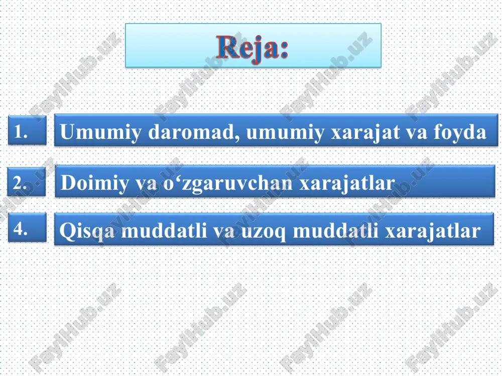 mumiy xarajat (a) ishlab chiqarish funksiyasi (b) umumiy xarajat egri chizigʻi umumiy xarajat egri chizigʻi mahsulot miqdori (a) cxizmadagi ishlab chiqarish funksiyasi yollangan ishchilar miqdori va ishlab chiqarilgan mahsulot miqdori oʻrtasidagi bogʻliqlikni koʻrsatadi. bu yerda yollangan ishchilar miqdori (gorizontal kesimda) birinchi jadvalda va birinchi ustunda berilgan va yaratilgan mahsulot miqdori (vertikal kesimda) ikkinchi ustunda berilgan. ishchilar miqdori oshgan sari ishlab chiqarish jarayoni tekislanib boradi, bu qoʻshimcha mahsulot kamayishini aks ettiradi. (b) chizmadagi umumiy narx elastikligi yaratilgan mahsulot miqdori va umumiy ishlab chiqarish xarajati oʻrtasidagi bogʻliqlikni koʻrsatadi. bu yerda yaratilgan mahsulot miqdori (gorizontal kesimda) birinchi jadvaldagi ikkinchi ustunda berilgan va umumiy xarajat (vertikal kesimda) oltinchi ustunda berilgan. chekli mahsulot kamayishi tufayli, umumiy xarajat elastikligi yaratilgan mahsulot ortishi bilan koʻtarilib borgan. firmaning ishlab chiqarish funksiyasi va umumiy-xarajat egri chizigʻi 9.2. doimiy va oʻzgaruvchan xarajatlar firmaning umumiy xarajatlari ikki turga boʻlinadi ya’ni - 1. doimiy xarajatlar - uni ishlab chiqarilgan mahsulot miqdoriga aloqasi …