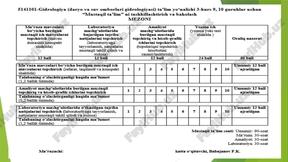 oydalaniladi: sakrash ayni siqilgan kesimda bo’lishi sharti bajarilishi uchun quyidagi tenglamani yozamiz: yoki: sakrashdan keyin va pastki b’efdagi kesimlarning solishtirma energiyalari. hovuzning uzunligi (l xov) m.d.chertousov formulasi yordamida quyidagicha aniqlanadi: * bu yerda: β = 0.7 ÷ 0.8 - empirik koefficient (β = 0.75 deb olsak bo’ladi) = 2.5*(1.9*h” – h’) - gidravlik sakrash uzunligi (pavlovskiy formulasi), m chertousov m.r. formulasi: gidravlik sakrashning uzunligi. hisoblash tartibi: pastki b’efdagi kesimning solishtirma energiyasi aniqlanadi: hisoblashni tanlash usulida oʼtkazamiz. xovuz chuqurligiga bir necha qiymat berib, grafikdan siqilgan kesimdagi chuqurlikni aniqlaymiz. hisoblash tanlash usulida bajariladi. hovuz chuqurligi (d) ga bir necha qiymatlar berib, hc - siqilgan kesimdagi hamda h” – 2-tutashtirish chuqurligini d ga ortib borishi boyicha yozamiz . hisoblash natijalarni jadvalda keltiramiz (1-jadval) 1-jadval: energiyani so’ndiruvchi xovuz hisobi hisoblash formulalari: ω”=(bts+h”m)h”; ec'‘ = h” + αq2/2g٠(ω")2; ωpb =(bts+ hpb m) hpb ; epb'‘ = hpb + αq2/2g٠(ωpb)2 bts= 30.47 m m = 1 …
