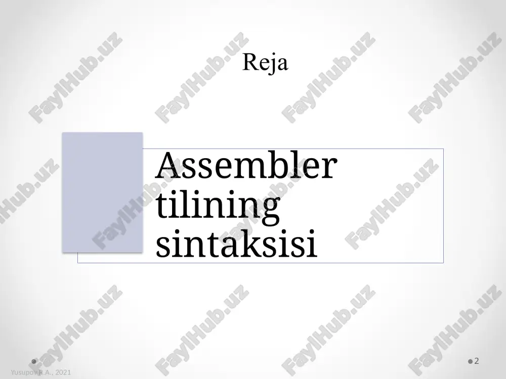 g exchange cmp compare push push call call ret return jmp jump ularning hammasi – kalitli so’zlardir. jami 150 atrofida. yusupov r.a., 2021 12 direktivalar a) kompilyator xatti-harakatini o’zgartirish .386 .model flat, stdcall option casemap: none end entry_point b) «kompilyator! men uchun chora ko’r!» mov eax, offset num kod yo’q. yusupov r.a., 2021 13 ifodalar o’zgarmas o’rnida. mov bx, offset memvar + (3*2) - 5 operatsiyalar ko’p. + - * /(butun) mod eq ne lt le gt ge and or xor not [ ] indeksli mov bx, 156h mod 12h mov al, tab_size ge 50 ; 0 yoki 1 cmp al, mas[esi] ; traktuetsya kak (mas + esi) o’zgarmas kabi qatnashishi kerak mov ebx, 15a6h mod ax ; xato yusupov r.a., 2021 14 ma’lumotlarni joylashtirish db, dw, dd, dq, dt. . . masalan, dw – “define word” ifoda .data n1 dd 1, 6, 0aah, ?, ? mass4 dw 0 arr …