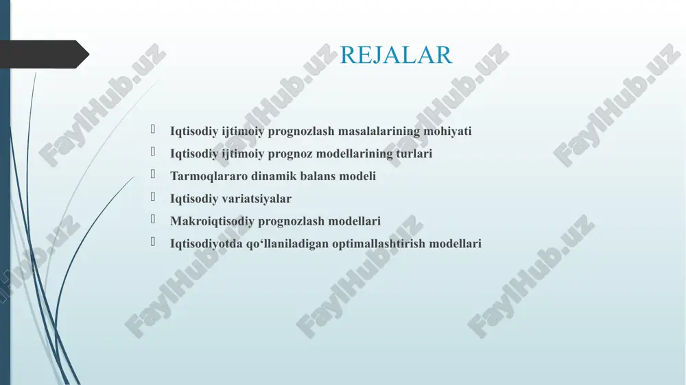 qilingan: omilli (omilli), tarkibiy (strukturaviy) va aralash, xalq xo‘jaligi rivojlanish ko‘rsatkichlarini yig‘ish darajasiga qarab makroiqtisodiy, tarmoqlararo, rayonlararo, tarmoqli, regional modellar bo‘lishi mumkin. xalq xo‘jaligining rivojlanish jixatlariga qarab modellar asosiy fondlar, mexnat resurslari, moliya tizimi hamda narx shakllanishi kabi turlarga bo‘linishi mumkin. omilli modellar omilli modellar u yoki bu iqtisodiy ko‘rsatkichli darajasi va dinamikasining unga ta’sir etuvchi ko‘rsatkichlar - sabablar darajasi va dinamikasiga bogliqligini tavsiflaydi. tarkibiy modellar tarkibiy modellar ikkita - butun yoki agregatni taxlil etuvchi aloxida elementlar orasidagi aloqa va bogliqlikni tavsiflaydi. bunday modellar tarkibiy balans tipidagi modellar bo‘lib, bunda biror qatorda uning elementlari orasidagi bogliqlik ko‘rib chiqiladi. tarmoqlararo balans tarmoqlararo balans (tab)- iqtisodiyotdagi asosiy model bo‘lib, unda xalq xo‘jaligidagi turli natural va qiymat aloqadorligi ko‘rsatiladi. u sanoat, kapital qo‘yilmalar, mexnat resurslari va tarmoqlar bo‘yicha mahsulot xajmining o‘zaro boglanganligini xisobga olgan xolda reja davri qator yillari uchun xalq xo‘jaligi mahsulotlarining ishlab chiqarilish va taqsimlanish ko‘rsatkichlarini aniqlash imkonini beradi. iqtisodiy variatsiyalar …