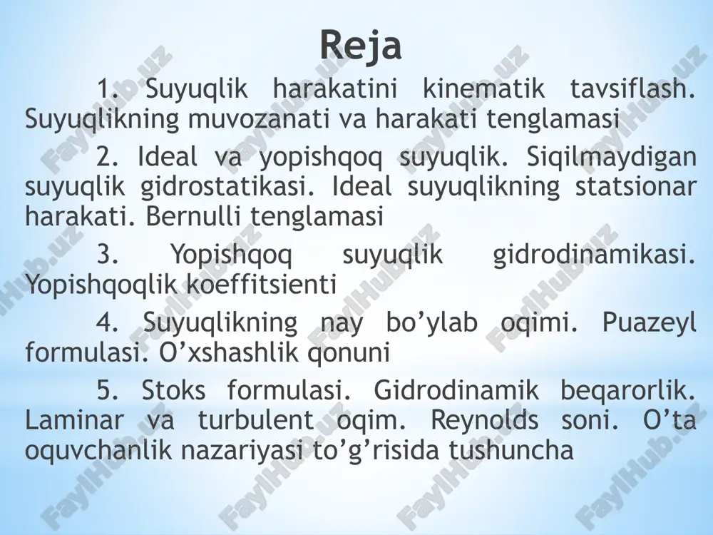ko‘ndalang kesimi yetarlicha kichik qilib olinadiki, natijada mazkur kesimning barcha nuqtalaridan o’tayotgan suyuqlik zarralarining tezliklarini birday deb hisoblash mumkin. oqim nayi ichidagi suyuqlik sharra deb ataladi. 3-rasmda tasvirlangan oqim nayining (rasmda nayning yon sirtlarini qalin chiziq bilan ko‘rsatilgan) va kesimlaridagi suyuqlik oqimining tezliklari mos ravishda va suyuqlikning zichliklari esa va bo‘lsin. oqim nayining va kesimlaridan 1 sekund davomida statsionar ravishda oqib o‘tayotgan suyuqlik massalari va o‘zaro teng bo‘lishi kerak (aks holda, ya’ni bo‘lgan holda suyuqlikning oqishi nostatsionar bo‘lib qoladi). shuning uchun munosabat o‘rinli. siqilmas suyuqliklar (muayan masalani hal qilayotganda siqilishni hisobga olmasa ham bo‘ladigan suyuqliklar) uchun bo‘ladi. natijada quyidagi ko‘rinishga keladi: ushbu ifoda uzluksizlik tenglamasi deyiladi suyuqliklar siqiluvchanlik va ichki ishqalanish (qovushoqlik) xossalariga ega. suyuqlik harakatini o‘rganish chog‘ida bu xossalarning barchasini hisobga olmoqchi bo‘lsak masala ancha murakkablashadi. shu sababli suyuqlik oqimining takribiy manzarasini tekshirayotganda ideal suyuqlik modelidan foydalanish anchagina qulayliklar turdiradi. ideal suyuqlik deganda qovushoqlikka ega bo‘lmagan (ya’ni qatlamlari orasida …