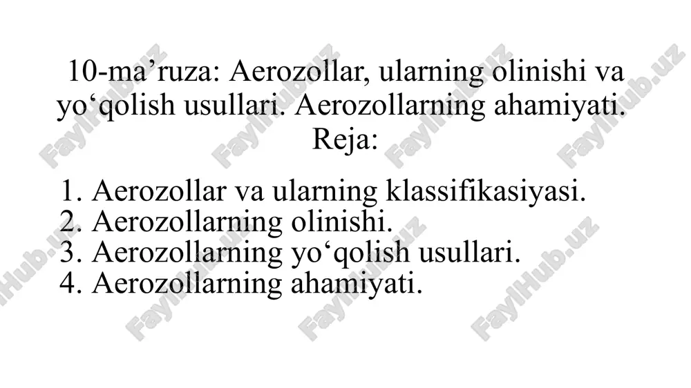 i gazlar aralashmasining sovutilishi kiradi. bundan tashqari kondensatsion aerozollar gazli reaksiyalar natijsada ham hosil bo‘ladi: • yonilg‘i yonganida tutunli gazlar hosil bo‘ladi. • fosfor yonganida havoda oq tutun (p2o5) hosil bo‘ladi; • gaz holidagi nh3 va hcl reaksiyaga kirishganida nh4cl (qattiq) tutuni hosil bo‘ladi; • metallar havoda oksidlanganida (metallurgik va kimyoviy jarayonlarda) metall oksidlaridan iborat tutun hosil bo‘ladi. 3. aerozollarning yo‘qolish usullari aerozollar – agregativ beqaror dispers sistemalardir. ularda kogulyatsiya tez sodir bo‘ladi. kogulyatsiya tezligi erozolning sonli konsentratsiyasi ortishi bilan ortadi. braun harakati zarralar kontsentratsiyasining pasayishiga olib keladi. ular stabillashadigan omillarga ega emas, ammo ularning koagulyatsiya tezligi etarli emas va zarrachalarning tarqalishi unchalik ko’p emas. ba'zida koagulyatsiya tezligi tizimga kattaroq zarralar bilan boshqa aerozolni kiritish orqali oshiriladi. shuningdek koagulyatsiya tezligiga: zarrachalarning shakli va o‘lchami; polidispersligi; qarama –qarshi zaryadlangan ionlarning borligi; koveksion oqim, mexanik aralashtirish, ultratovushli tebranishlar yordam beradi. aerozolning soni konsentratsiya ortishi bilan koagulyatsiya tezligi orasidagi bog‘lanish: 1 sm3 da …