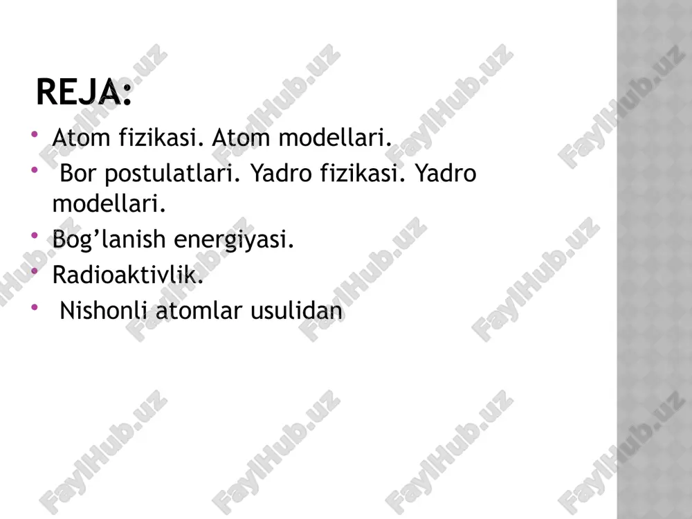 esa 6,64·10-27 kg ga teng. manba tor tirqishli qo‘rg‘oshin idishda joylashtirilgan bo‘lib, zarralar ma’lum yo‘nalishdagina chiqariladi va boshqa yo‘nalishdagilarini qo‘rg‘oshin devorlar yutib qoladi. a-zarralarning yo‘liga perpendikular qilib 1 mm qalinlikdagi oltin qog‘oz qo‘yilgan. oltin qog‘ozdan o‘tgan a-zarralarning yo‘nalishi ekran yordamida qayd qilingan. rezerford o‘z tajribasida a-zarralarning bir qismi dastlabki yo‘nalishidan ma’lum burchaklarga og‘ishini va hatto oltin qog‘ozdan qaytuvchi zarralar ham bo‘lishini qayd etgan. 1913 yilda daniyalik fizik n.bor rezerfordning atom modelini takomillashtirib, atom tuzilishining kvant nazariyasini yaratdi. nils bor tajribasi yoki atom tuzilishining kvant nazariyasi bor postulotlari. 1. elektronlar atomda ixtiyoriy orbitalar bo’yicha emas, balki aniq radiusli orbitalar bo’yicha harakatlana oladi. 2. elektronlarning stasionar orbitalarda harakatlanishidan energiya chiqarish , yutish ro’y bermaydi. 3. elektronning bir stasionar orbitadan boshqasiga o’tishi aniq kvant energiyaning chiqarish yoki yutish bilan sodir bo’ladi. bu munosabat chastotalar sharti deyiladi. shunday qilib, atom chiqariladigan elektromagnit to’lqinlar chastotasi elektronlarning aylanish tezligi bilan emas, balkim atomlarning stasionar holatlari energiyalarning …