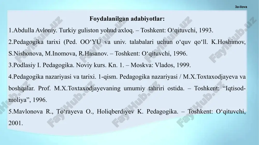 ngi, xulq-atvori va dunyoqarashini tarkib toptirish jarayoni. falsafa sotsiologiya etika estetika fiziologiya psixologiya tarbiya nazariyasi o‘z qoidalarini asoslash uchun tarbiya nazariyasi sharq mutafakkirlarining tarbiyaga oid asarlari, qur’oni karim oyatlari, hadislar, milliy va madaniy qadriyatlar, xalq pedagogikasining boy tajribalariga tayanadi. «al-hosil, tarbiya bizlar uchun yo hayot, yo mamot, yo najot - yo falokat, yo saodat – yo halokat masalasidur». ushbu fikrlardan anglaniladiki, shaxs tarbiyasi xussiy ish emas, balki ijtimoiy, milliy ishdir. zero, har bir xalqning taraqqiy etishi, davlatlarning qudratli bo‘lishi avlodlar tarbiyasiga ko‘p jihatdan bog‘liq. tarbiya xususida taniqli o‘zbek pedagogi abdulla avloniy shunday deydi: tarbiya shaxsni maqsadga muvofiq takomillashtirish uchun uyushtirilgan pedagogik jarayon bo‘lib, tarbiyalanuvchining shaxsiga muntazam va tizimli ta’sir etish imkonini beradi. tarbiya jarayoni o‘qituvchi va o‘quvchi (tarbiyachi va tarbiyalanuvchi)lar o‘rtasida tashkil etiluvchi hamda aniq maqsadga yo‘naltirilgan hamkorlik jarayonidir. tarbiya jarayonida tarbiyalanuvchining ongi shakllana boradi, his-tuyg‘ulari rivojlanadi, ijtimoiy hayot uchun zarur bo‘lgan ijtimoiy aloqalarni tashkil etishga xizmat qiladigan xulqiy odatlar …
