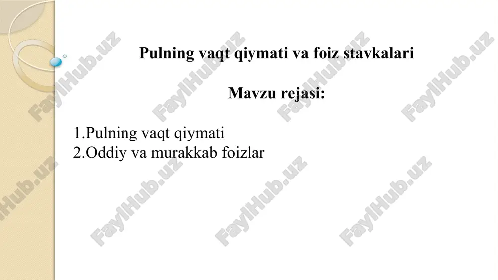 vestitsiya muddati besh yil qilib belgilanganda, siz besh yildan keyin oladigan summa 1000 dollarning bo’lajak qiymati deb ataladi. keling, atamalarga aniqlik kiritib olaylik: pv – keltirilgan (joriy) qiymat, yoki boshlang’ich summa; i – foiz stavkasi, odatda foiz stavkalari yiliga hisoblanadi. bu yerda 10% (yoki o’nlik ifodada 0,10); n – foizlar hisoblanadigan yillar miqdori; fv – n yildan keyingi bo’lajak qiymat. endi bu misoldagi bo’lajak qiymatni bosqichma-bosqich hisoblab chiqamiz. birinchidan, birinchi yil tugagandan keyin pulingiz qancha bo’ladi? siz mazkur moliyaviy operatsiya boshlangandagi 1000 dollar va unga qo’shimcha 100 dollar miqdorida foizlarga ega bo’lasiz (1000 dollarning 10% yoki 0,1 x 1000 dollar). pullaringizning bo’lajak qiymati 1100 dollarga teng bo’ladi: 1) fv =1000 $ x 1,10 =1100 $. 2) fv =1000 $ x 1,1 x 1,1 =1210 $. 3) fv =1000 $ x 1,1 x 1,1 x 1,1 =1100 x1,13=1331 $ 5) fv =1000 $ x 1,1 x 1,1 x 1,1x 1,1 x …