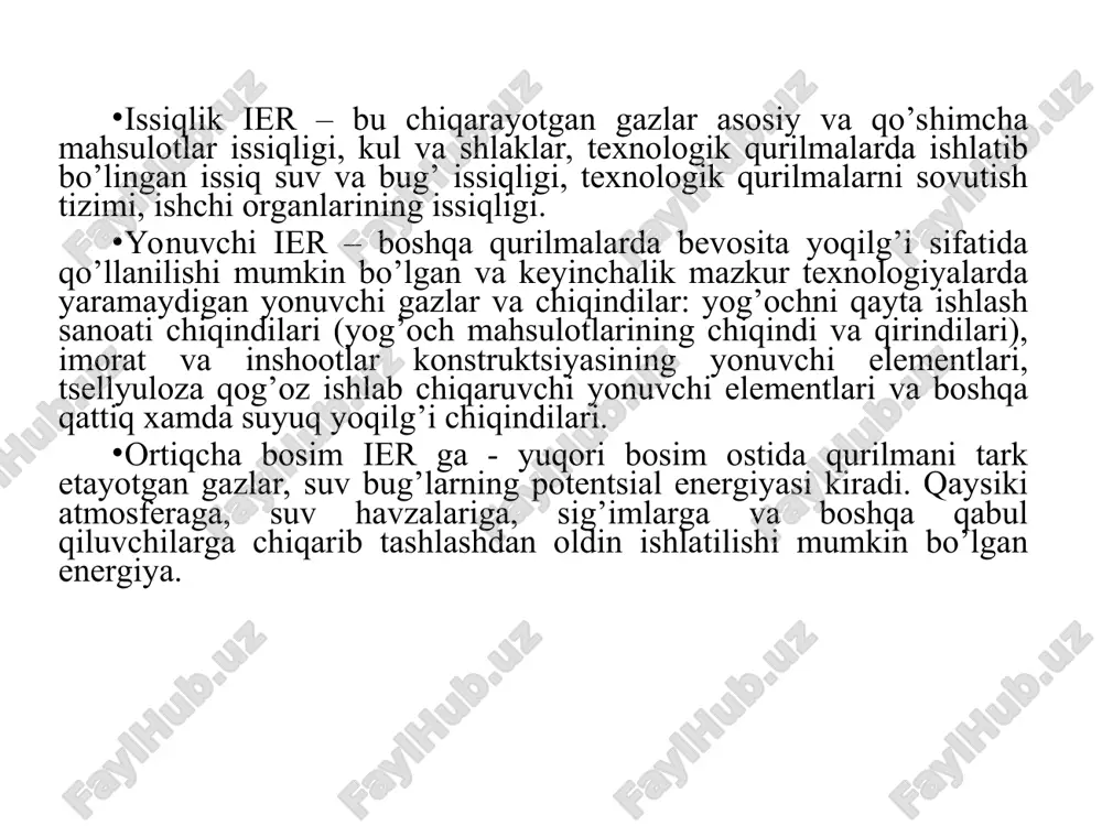 ing harorati 100 ° c dan oshmaydi. yopiq tizimlarda ham kondensat liniyalarida baklarga bosim ostida yig`iladi. bunday tizimlar yanada istiqbolli. yopiq tizimlarning kondensat liniyalarida bosimning pasayishi yoki bosimning chiqarilishi suyuqlikning bir qismini bug'lanishiga olib keladigan to'yinganlik haroratining pasayishiga olib keladi. uchib ketadigan bug' bilan birgalikda bu bug'ni ishlab chiqarishda qayta ishlatish mumkin. 1-rasmda yopiq kondensat yig'ish sxemasining elementi ko'rsatilgan. turli xil iste'molchi juft mashinalarning ishlash rejimi o'z vaqtida notekis bo'lishi mumkinligi sababli, bu juftlikning uskunaning notekis ishlatilishiga ham ta'sir qilishi mumkin. shu munosabat bilan, bug 'har xil, ammo yaqin parametrlarda ishlaydi. 1-rasm. yopiq tizimda kondensat issiqlikni qayta ishlash cxemasi 2-rasm. barabanli qozonining sxemasi (a) va umumiy ko'rinishi (b): 1 - baraban; 2 - nasos; 3 - bug'lanish yuzasi; 4 - ekonomayzer ancha vaqtdan buyon (taxminan o‘tgan asrning 50-chi yillarida) ies da elektr generatorni yurgizish uchun gazli turbinalar qo‘llanila boshlandi. bunda asosan yoqilg‘i o‘zgarmas bosimda yondiriluvchi gazli turbinalar qo‘llanila boshlandi (brayton …