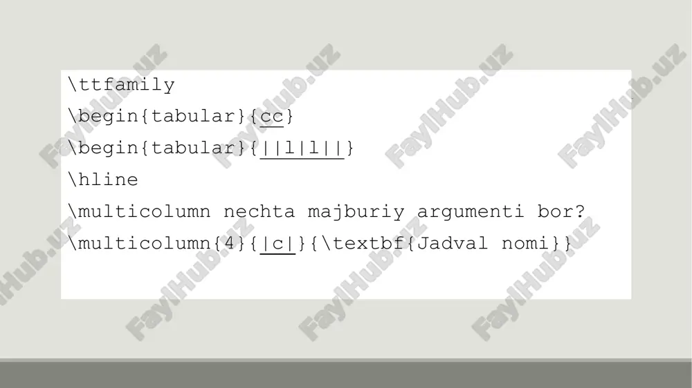 ketini talab qiladi, ya'ni \usepackage{float}. ba'zi maxsus holatlarda latex ushbu joylashishni aniqlash parametrlariga amal qilmaydi va qo'shimcha buyruqlar talab qilinadi, masalan, agar siz bir xil sahifada alohida joylashgan float uchun markazlashtirilmagan tekislashni belgilashingiz kerak bo'lsa. hujjat boshiga raqamlar roʻyxatini qoʻshish uchun \listoffigures dan foydalaniladi. sarlavhada ishlatilgan sarlavhani figuredan misolga oʻzgartirish uchun rasm mazmunida \renewcommand{\figurename}{misol} dan foydalaniladi ramkalar bilan chizmalar barcha chizmalar atrofida nozik ramka yasashingiz mumkin. hujjatning boshida bir marta quyidagilarni yozishingiz kerak: chegarada hech qanday imzo bo'lmaydi. \usepackage{float} \floatstyle{boxed} \restylefloat{figure} jadvallar jadvallarni yaratish uchun foydalanilgan table muhiti standart bo'yicha suzmaydi. shunday qilib, siz ko'chirmoqchi bo'lgan jadvallar uchun table muhiti tarkibida tabular muhitini oching, masalan: hujjat boshiga jadvallar roʻyxatini qoʻshish uchun \listoftables dan foydalaning. \begin{table} \begin{tabular}{...} ... table data ... \end{tabular} \end{table} floatlarni o'z joylarida saqlash placeins paketi \floatbarrier buyrug'ini taqdim etadi, undan floatlarning sahifa bo'ylab harakatlanishini oldini olish uchun foydalanish mumkin. bu, masalan, har bir \section ning boshida foydali …