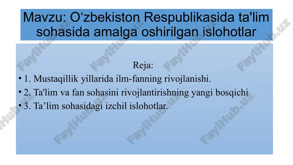 shug‘ullanuvchi respublika ilmiy ishlanmalarni innovatsiya tijorat markazi fanlar akademiyasi tarkibida tashkil etildi. o‘zbekistonning birinchi prezidentining 1997 yil 11 noyabrdagi farmoni bilan xorazm ma'mun akademiyasi qayta tiklanib, fanlar akademiyasining mintaqaviy bo‘linmasi sifatida tashkil etildi. 2000 yili fanlar akademiyasi sharqshunoslik institutining (hozirgi toshkent davlat sharqshunoslik instituti huzuridagi abu rayxon beruniy nomli sharq qo‘lyozmalari markazi) qo‘lyozmalar fondi dunyoning eng boy qo‘lyozmalar xazinasidan biri sifatida yunesko madaniy merosi ro‘yxatiga kiritildi. . o‘zbekiston respublikasi oliy kengashining 1992 yil 2 iyuldagi qaroriga asosan “ta'lim to‘g‘risida”gi o‘zbekiston respublikasining qonuni amalga kirdi. oliy majlisning 1997 yil 29 avgust kuni bo‘lib o‘tgan ix sessiyasida o‘zbekiston respublikasining “ta'lim to‘g‘risida”gi qonuni yangi tahrirda qabul qilindi. unga binoan ta'limning yangi tizimi joriy etildi. jumladan, uning 10-moddasiga muvofiq o‘zbekiston respublikasida ta'lim quyidagi turlarda amalga oshirilishi belgilab berildi: maktabgacha ta'lim, umumiy o‘rta ta'lim, o‘rta maxsus, kasb-hunar ta'limi, oliy ta'lim, oliy o‘quv yurtidan keyingi ta'lim, kadrlar malakasini oshirish va ularni qayta tayyorlash, maktabdan tashqari ta'lim. …