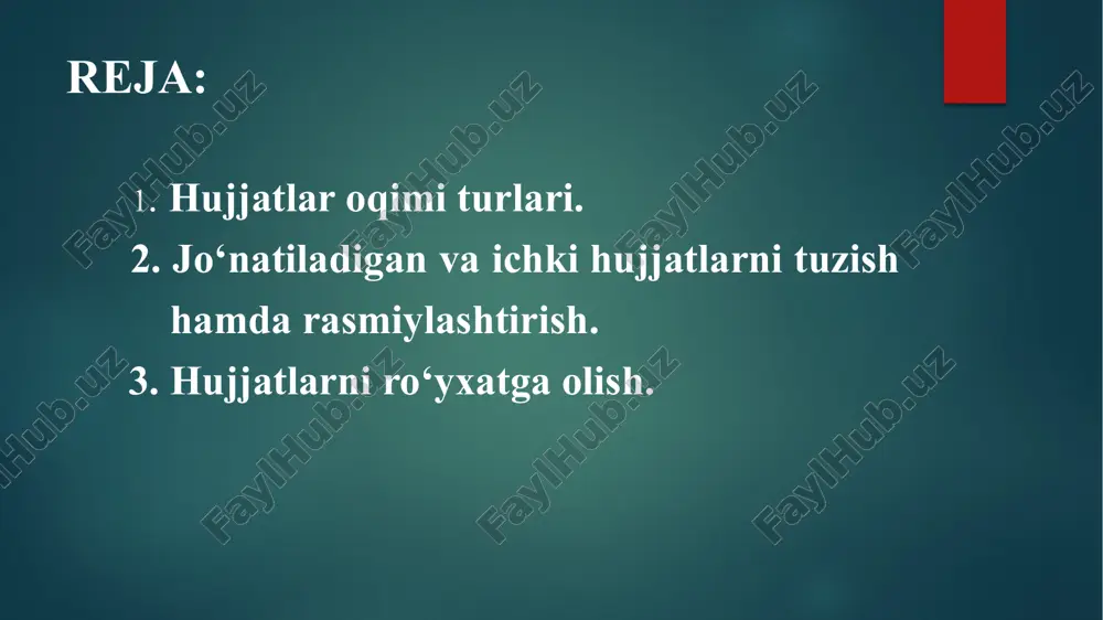 kiston respublikasi prezidenti administratsiyasi, o‘zbekiston respublikasi vazirlar mahkamasi va yuqori tashkilotlardan olingan hujjatlar kiradi. qolgan hujjatlar rahbar o‘rinbosarlariga ular o‘rtasida vazifalarning taqsimlanishiga muvofiq yo‘llanadi. kundalik tezkor ma’lumotlarni o‘z ichiga olgan, tayin bo‘linmaga yoki mansabdor shaxsga yo‘naltirilgan hujjatlar rahbariyatga ko‘rsatilmasdan o‘tkazilishi ham mumkin. bu rahbarni boshqa mas’ul ijrochilar ham hal qilishi mumkin bo‘lgan mayda-chuyda ishlardan ozod qilish imkoniyatini beradi. hujjatlarni dastlabki ko‘rib chiqish va ijro etuvchilarga berish ularning kelib tushgan kunida yoki, ish payti bo‘lmagan vaqtda kelib tushganda, birinchi ish kunida amalga oshirilishi kerak. bir necha tarkibiy bo‘linmalar tomonidan ijro etiladigan hujjatlar ularga navbat bilan yoki bir vaqtning o‘zida nusxalarda beriladi. hujjatning asli munosabat belgisida birinchi ko‘rsatilgan ijrochiga beriladi. hujjatlarni ko‘paytirish zarurati va nusxalar soni ijroni tashkil etuvchi shaxs tomonidan belgilanadi. jo‘natma hujjatlarni ishlash va jo‘natish, amaldagi pochta qoidalariga muvofiq, markazlashtirilgan holda devonxona tomonidan bajariladi. xatjildga joylashtirishdan avval hujjatlarning to‘g‘ri rasmiylashtirilganligi, ilovaning borligi va bus-butunligi, nusxalar sonining oluvchilar soniga muvofiqligi tekshiriiadi. …