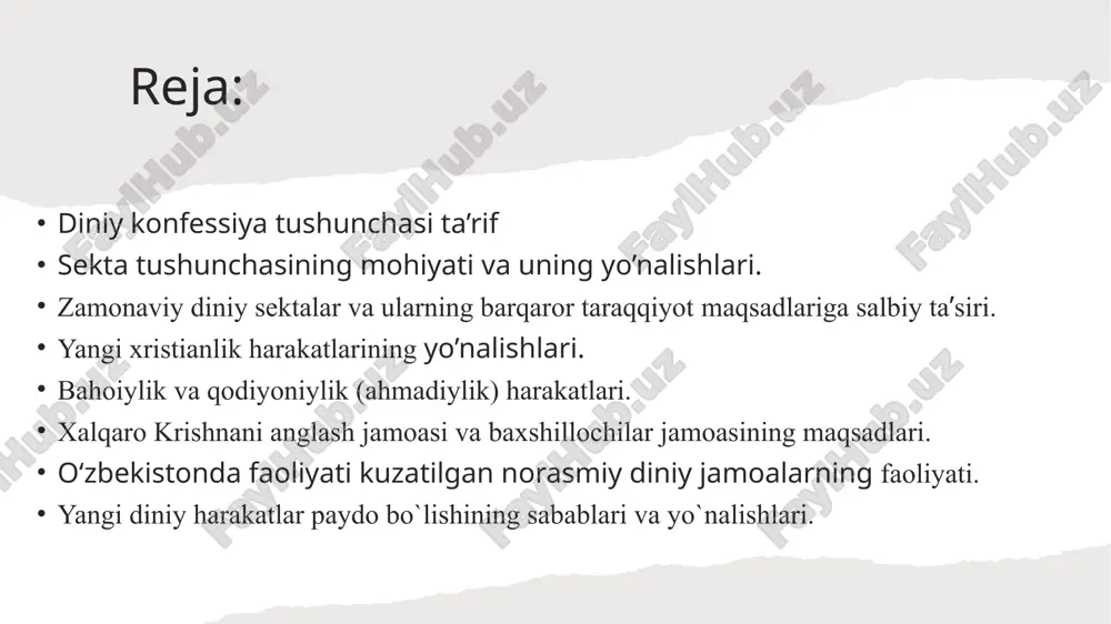 tashkilotlar 2023-yil ma’lumotiga ko’ra, o‘zbekiston respublikasida jami 2337 ta diniy tashkilot va 16 ta diniy konfessiya faoliyat yuritib kelmoqda. shulardan 2155 tasi musulmon tashkiloti, 166 ta xristian tashkiloti (provaslav va protestant), 8 ta yahudiy jamoasi, 6 ta bahoiylik jamiyati, 1 ta krishnachilar jamiyati va 1 ta budda ibodatxonasi, shuningdek, o‘zbekiston konfessiyalararo bibliya jamiyati ham faoliyat ko‘rsatmoqda. mavjud noislomiy konfessiyalar ichida provaslavlikka e’tiqod qiluvchilarining ko’pligi bilan ajralib turadi. o‘zbekistonda islom sivilizatsiyasi markazi, imom buxoriy va imom termiziy xalqaro ilmiy-tadqiqot markazlari tashkil etildi. viloyatlarda kalom, hadis, fiqh, aqida ilmi va tasavvufni o‘rganishga ixtisoslashgan beshta ilmiy maktab ochildi. diniy konfessiyalar manzarasi rang–barangligini o‘zbekistonda rasman ro‘yxatdan o‘tib faoliyat yuritayotgan diniy konfessiyalar misolida ham ko‘rish mumkin. xristianlikka mansub bo‘lsa–da, yurtimizdagi 11 ta yo‘nalishning har biri o‘zini alohida diniy konfessiya, deb hisoblashi fikrimizning isboti bo‘la oladi. xususan, “yettinchi kun adventistlari” (9ta), “pyatidesyatniklar” yoki “to’liq injil xristianlari” (1 ta markaz, 1 ta seminariya, 44 ta cherkov), “novoapostol …