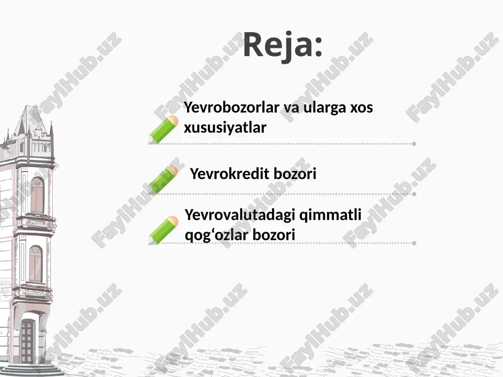 keladi.) london bozorning etakchi markazi yevrovalyut lyuksemburg omonatlar markazi yevromarkalar. bryussel va parij omonatlar markazlari evro funtida. evro bozoridagi amaldagi operatsiyalarda quyidagilar bilan bitimlar ustunlik qiladi: 6 - foiz shvesariya franki 21 - foiz evromarka 73 - foiz evrodollar yevrodollarning asosiy manbalari quyidagilardan iborat: aqshdan tashqarida dollar saqlamoqchi bo'lgan xorijiy davlatlar yoki fuqarolar; naqd pul zaxiralariga ega bo'lgan va hozirgi ehtiyojlardan yuqori bo'lgan xalqaro korporatsiyalar va evropa banklari; tashqi savdo balansi ijobiy bo'lgan mamlakatlarning zaxiralari, masalan, yaponiya, tayvan, germaniya evrobondlar evrobondlar- bu evro bozorida uzoq muddatli kredit olish uchun emitent tomonidan chiqarilgan kupon obligatsiyalari ko'rinishidagi qimmatli qog'ozlar turi. evrobondlar (evrobondlar) odatda 7 yildan 15 yilgacha chiqariladi. evro-kreditlar evro-kreditlar odatda ularni chiqarish uchun xalqaro konsorsiumlar va sindikatlarni tashkil etuvchi yirik banklarning yordami bilan chiqariladi. e’tiboringiz uchun rahmat! image2.jpg image22.png image23.png image24.png image1.png /docprops/thumbnail.jpeg