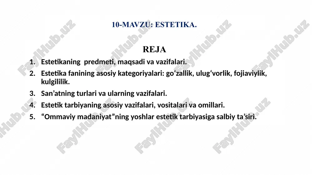 brazli ifodalarni o‘rinli ishlatish nafosatning xususiyatlari yaqqol ko‘zga tashlanadi hayot realistik tasvirning kuchayishi va mumtoz adabiyotda qadimiy an’analarga murojaat hissiyot va kechinmalarning ijobiy bo‘lishi hayot go‘zalligini ta’minlaydi hayotga estetik munosab individual xarakterga ega falsafiy mohiyati san’atshunoslik va adabiyotshunoslik fanlari erishgan yutuqlardan umumiy xulosalar chiqaradi xulosalar asosida insonni go‘zallik orqali haqiqatga yetishtirishga xizmat qiladi falsafa – estetika + san’atshunoslik + badiiy adabiyot + haqiqat tadqiqot ob’ektiga yondoshuv nazariy jihatdan amalga oshiriladi, bunda tarix ham, tanqid ham nazariyaga bo‘ysundiriladi san’at asarining mavjudlik shartlarini muayyan tizim sifatida tadqiq etadi estetikaning boshqa fanlar bilan o`zaro aloqalari etika dinshunoslik pedagogika psixologiya sotsiologiya semioteka fanlararo bog‘liqligi etika insonning hatti-harakati axloqiylik va nafosatga tegishli psixologiya go‘zallikni yaratish va idrok etish hissiyotlar bilan bog‘liq sotsiologiya dinshunoslik pedagogika san’at asari ijtimoiy munosabatlar tizimini sifatida badiiy tadqiq qiladi diniy g‘oyalar badiiyat orqali ifoda topgan estetika tarbiyaning strategiyasi amaliy ahamiyati tarbiya jarayonlarini takomillashtirishda dizaynchi-injenerlar, atrof-muhitni go‘zallashtirish bilan shug‘ullanadigan mutaxassislarning ish faoliyatida …