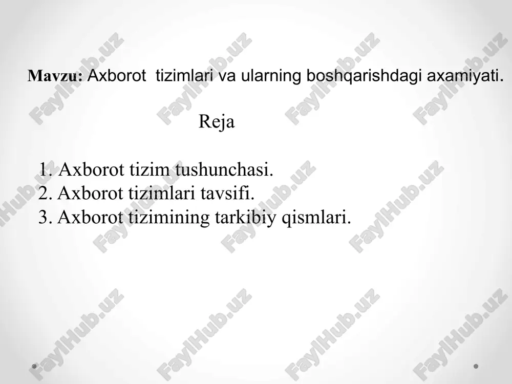 balardan kiritish uchun xizmat qiladi kuritilgan axborotlarni qulay ko‘rinishga keltirish va qayta ishlash uchun xizmat qiladi mijozlarga va boshqa tizimlarga axborotni yetkazib berish uchun xizmat qiladi. kiritilgan axborotlarni qayta ishlash uchun jamiyat a’zolari tomonidan kiritiladigan ma’lumotlar axborot tizimlari tuzilmasi axborot tizimi quyi tizimlar deb nom olgan qismlar to’plamidan tashkil topgan. quyi tizim - biror alomatiga qarab bo’lingan tizimning bir qismidir. tasnifda tuzilma belgisiga asosan quyi tizimlar ta’minlovchi deb nomlanadi. shuning uchun hamma axborot tizimlarining tuzilmasi ta’minlovchi quyi tizimlar to’plamidan iborat bo’ladi. ta’minlovchi quyi tizim axborot ta’minot texnik ta’minot dasturiy ta’minot tashkiliy ta’minot xuquqiy ta’minot matemaatik ta’minot axborot ta’minoti axborot ta’minotiga boshqaruv qarorlarini qabul qilish uchun aniq axborotni o’z vaqtida tayyorlash va taqdim etish vazifalari belgilanadi. axborot ta’minoti - axborotni tasniflash va shartli belgilash tizimi, hujjatlarni umumlashtirish (unifikatsiyalash) tizimi, axborot oqimlari sxemasi hamda ma’lumotlar bazasini tuzish uslubiyotlarining to’plamidir. axborot ta’minotini tuzish uchun quyidagilarni bilish kerak: muassasa boshqaruv tizimining maqsadini, vazifalarini, yaqqol …