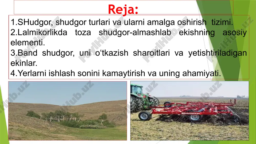 proqni chuqur qatlamlarida suv rejimini yaxshilaydi, qurg‘oqchilikni zararli ta’sirini kamaytiradi. qamashida toza shudgor kuzgi bug‘doy hosilini 56% oshirgan. kuzgi bug‘doy toza shudgorga ekilganda faqat hosili emas, don tarkibidagi oqsil miqdori ham oshgan. yog‘ingarchilik ko‘p bo‘lgan yillari toza shudgorda tuproq zichlashadi, bug‘doyni o‘sishi uchun sharoit yomonlashadi, ekinzor bir yillik begona o‘tlar bilan ifloslanadi, samaradorlik kamayadi. jizzax viloyatidagi «g‘alla» ilmiy ishlab chiqarish birlashmasi dalalarida toza shudgorga ekilgan bug‘doy hosili 14-22 s, ang‘izda 4-8 s tashkil etgan. shudgorga ishlov berish natijasi shudgorga ishlov berish natijasi tuproq yumshaydi begona o‘tlar yo’qotiladi namlik ko‘proq to‘planadi oziq moddalarning aylanishi yahshilanadi еkinlarning kasallik va zararkunan- dalari kamayadi. zararkunandalar kamayadi lalmi dexqonchilikda shudgorlash muddatlari lalmi yerlarni shudgorlashning eng qulay muddati tekislik mintaqada martning ikkinchi yarmi tekislik-adir mintaqasida martning oxiri aprelning birinchi yarmi tog‘ oldi mintaqasida aprel тоғли зона апрелнинг охири- майнинг боши qora shudgor ekinlar hosili yig‘ishtirilib olingandan so‘ng yoki yig‘ishtirib olish bilan bir vaqtda o‘tkazilsa qora shudgor …