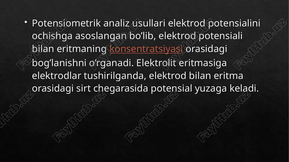 da, daniyalik kimyogar zerensen tomonidan rn haqidagi tushunchani fanga kiritganidan (1909 y) so’ng rivojlanib ketdi. potensiometrik usul bevosita va bilvosita usullarga bo’linadi. bevosita potensiometriya usulida potensialni belgilovchi moddaning aktivligi elektrod potensiali asosida aniqlanadi. bu usul ionlar aktivligini to’g’ridan-to’g’ri aniqlashga imkon beradigan yagona usul hisoblanadi. u quyidagi turlarga bo’linadi: ph-metriya-eritmalarning ph qiymati, kislota va asoslarning kislota-asoslik konstantalarini, ionometriya – ph-metriyaning rivojlanishi natijasida mustaqil usul sifatida shakllangan zamonoviy usullardan biridir. bu usulda indikator elektrodi sifatida turli xil ion selektiv elektrodlar qo’llaniladi oksereduktametriya – oksidlanish-qaytarilish reaksiyalari va oksered juftlik potensiallarini tekshirishga asoslangan usul bo’lib, uning yordamida oksered juftlikning standart va real potensiallari, ular yordamida esa turli xil konstantalar, hamda kinetik kattaliklar aniqlanadi. bevosita potensiometrik usullar kimyoviy va elektr kimyoviy reaksiyaga qatnashuvchi elektrodlar soni, kimyoviy reaksiyalarning stexiometrik va aktivlik koeffitsentlari kabi ko’rsatkichlarini aniqlash imkonini beradi. potensiometriya usulida tekshiriladigan eritmalarga tushirilgan elektrodlarning potensiallari o’lchanadi. 1898 yilda v.nernst elektrod potensialining eritmadagi moddalar konsentratsiyasiga bog’liqligini, termodinamik mohiyatini …
