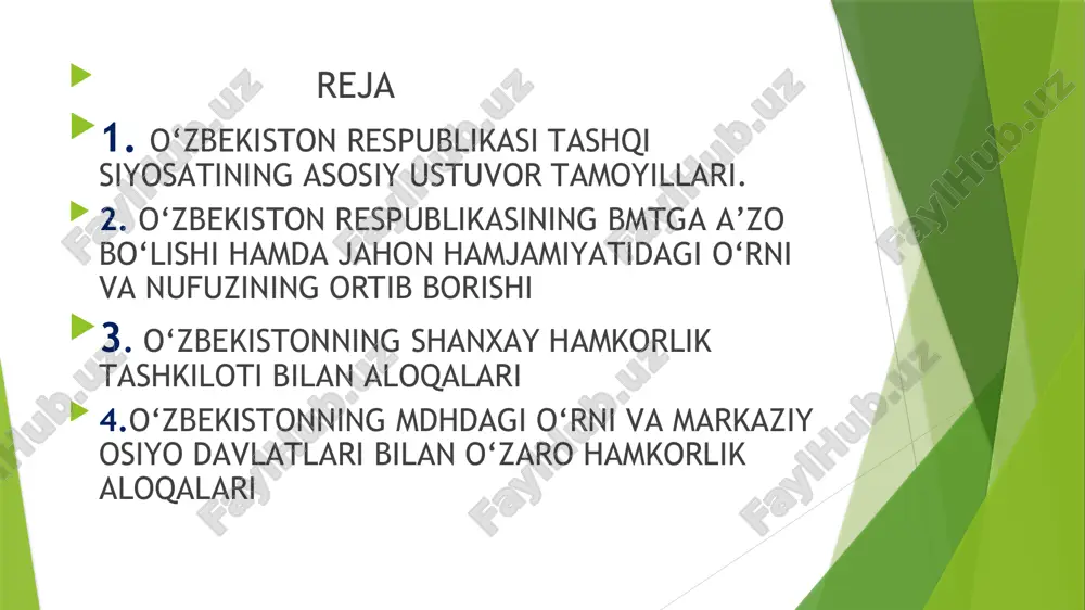 lotlarning, 24 ta hukumatlararo va 13 ta nohukumat tashkilotlarning vakolatxonalari faoliyat ko‘rsatmoqda. o‘z navbatida, o‘zbekistonning elchilari dunyodagi 46 ta davlatlarda faoliyat ko‘rsatmoqdalar. 5 istiqlol yillarida mamlakatimiz 133 davlat bilan rasmiy diplomatik munosabatlar o‘rnatgan, toshkentda 45 ta xorijiy davlatning elchixonalari, 9 ta faxriy konsulxona, 11 ta xalqaro tashkilotlarning vakolatxonalari faoliyat olib bormoqda. o‘zbekistonning elchilari dunyodagi 46 ta davlatlarda faoliyat ko‘rsatmoqdalar. 6 o‘zbekiston o‘zining joylashuviga ko‘ra . markaziy osiyoning transrort, energetika, kommunikatsiya, suv tizimi markazida joylashgan. tabiiy iqlim sharoiti qulay, ulkan mineral-xomashyo zaxiralari va strategik materiallarga ega, dehqonshilik madaniyati rivojlangan, oziq-ovqat bilan o‘zini ta’minlashga qodir. o‘zini neft, gaz, rangli metallar bilan ta’minlabgina qolmay, ularni eksrort qilish imkoniyatiga ega. o‘zbekiston resrublikasining yerostida amaldagi mendeleyev davriy tizimining barsha elementlari mavjud. mazkur imkoniyatlar orqali o‘zbekiston geosiyosiy joylashuvini noqulayliklardan mustasno deb bo‘lmaydi, 7 shu jihatdan o‘zbekiston resrublikasiga qiyinshiliklar tug‘diruvshi quyidagi omillar ham mavjud o‘zbekiston fors ko‘rfazi, kasriy dengizi havzasi va tarim havzasining neft va gazga juda …