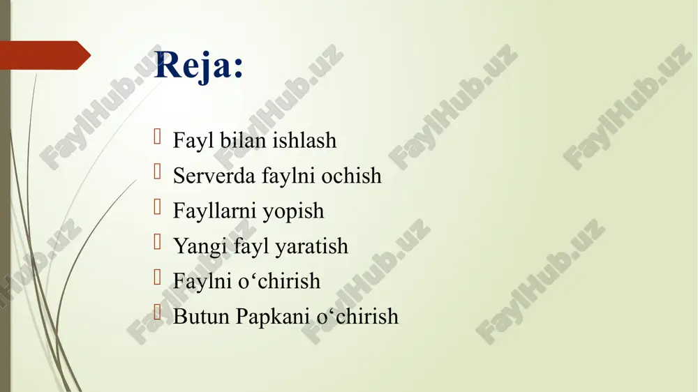 open() funksiyasidan foydalanish mumkin. open() funksiyasi fayl mazmunini o‘qish uchun read() funksiyasiga ega fayl obyektini qaytaradi: agar fayl boshqa joyda joylashgan bo‘lsa, fayl manzilini ko‘rsatishingiz kerak bo‘ladi. faylning faqat qismlarini o‘qish read() funksiyasi butun matnni qaytaradi, lekin siz qaytarmoqchi bo‘lgan belgilarni ham belgilashingiz mumkin: yuqoridagi suratda faqat beshta harfni chop etdik. qatorlarni o‘qish readline() funksiyasi yordamida bitta qatorni o‘qishingiz mumkin: readline() funksiyasi ikki marta chaqirib, ikkita qatorni o‘qishingiz mumkin: fayl qatorlarini sikl orqali butun fayl ma’lumotlarini o‘qishingiz mumkin: 11.3. fayllarni yopish ishni tugatgandan so‘ng, faylni har doim yopish yaxshi amaliyot hisoblanadi. buning uchun close() funksiyasidan foydalanishingiz mumkin: eslatma: siz har doim fayllaringizni yopishingiz kerak, ba’zi hollarda buferlash tufayli faylga kiritilgan o‘zgarishlar faylni yopmaguningizcha ko‘rinmasligi mumkin. mavjud faylga ma’lumot yozish mavjud faylga ma’lumot yozish uchun open() funksiyasiga parametr qo‘shishingiz kerak: "a" - qo‘shish - faylning oxiriga qo‘shiladi "w" - write - har qanday mavjud tarkibni ustidan qayta yozadi "demo.txt" faylini ochish …