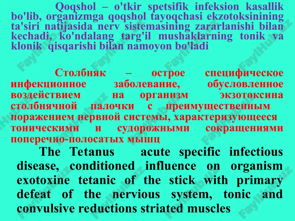 anic stick as saprophite dwells in bowels animal (the sheep, large horned live-stock and so on) and person (pathogenic at parenteral hit) etiologiyasi va patogenezi hayvonlarning chiqindilari bilan yerga tushganida qoqshol tayoqchasi uzoq vaqtgacha shu muhitda saqlanishi mumkin etiologiya i patogenez pri popadanii isprajneniy jivotnix v pochvu stolbnyachnaya palochka mojet dlitelnoe vremya soxranyatsya v etoy srede etiology and pathogenesis at hit of the excrements animal in ground tetanic stick can long time is preserved in this ambience etiologiyasi va patogenezi chang bilan klostridiylar odam terisiga, kiyimlari va atrof buyumlariga tushishi mumkin. shu sababli infitsirlanish nuqtai nazaridan mayda tirnalishlar va shilingan jaroxatlar xavfli sanaladi etiologiya i patogenez s pilyu klostridii popadayut na koju cheloveka, ego odejdu i okrujayushie predmeti. v svyazi s etim daje melkie ssadini i neznachitelnie povrejdeniya koji opasni v smisle infitsirovaniya etiology and pathogenesis with dust clostridiums get on skin of the person, its cloth and surrounding subjects. …