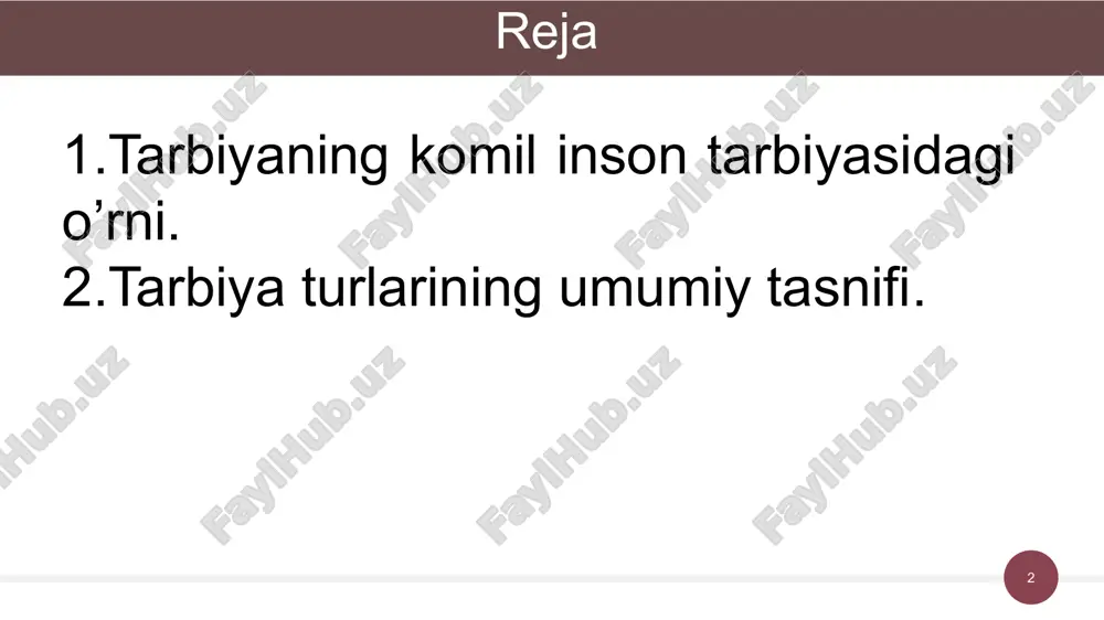 ani tarixidan g‘ururlanishi, buguni to'g'risida qayg‘urishi hamda uning porloq istiqboliga bo'lgan ishonchini ifoda etuvchi yuksak insoniy fazilat sanaladi. baynalminallik («inter» - orasida, o‘rtasida, «natio» - xalq) o‘zga millat va elatlarning haq-huquqlari, erki, urf-odatlari, an’analari, turmush tarzi, tili hamda vijdon erkinligini hurmat qilish, ularning manfaatlariga ziyon yetkazmaslikni ifoda etuvchi shaxsga xos ma’naviy-axloqiy fazilatlardan biridir. ‹#› axloq - ma’naviyatning tarkibiy qismi sifatida shaxs kamolotining yuqori bosqichi sanaladi. zero, axloq, axloqiy me’yorlarsiz shaxsning ruhiy va jismonan yetukligining mezoni bo‘lgan ma’naviy kamolotga erishib bo‘lmaydi. axloq (arabcha - xulq-atvor ma'nosini bildiradi) ijtimoiy ong shakllaridan biri bo‘lib, ijtimoiy munosabatlar hamda shaxs xatti-harakatini tartibga soladigan qonun-qoidalar majmuidir. axloq - shaxs yoki guruh faoliyatini baholash orqali jamiyatdagi munosabatlarni boshqarish mexanizmi. axloq shunchaki munosabatlarni tartibga keltirish uchungina emas, balki ularni uyg‘imlashtirish uchun ham zarur. munosabatlarni boshqarish ikki xil usul bilan amalga oshiriladi: xulq-atvorni rag‘batlantirish va jazolash. axloq jamiyatdagi munosabatlarni tartibga soladi va ijtimoiy rivojlanish ehtiyojlari ifodalanadigan maqsadlarni ilgari suradi. …