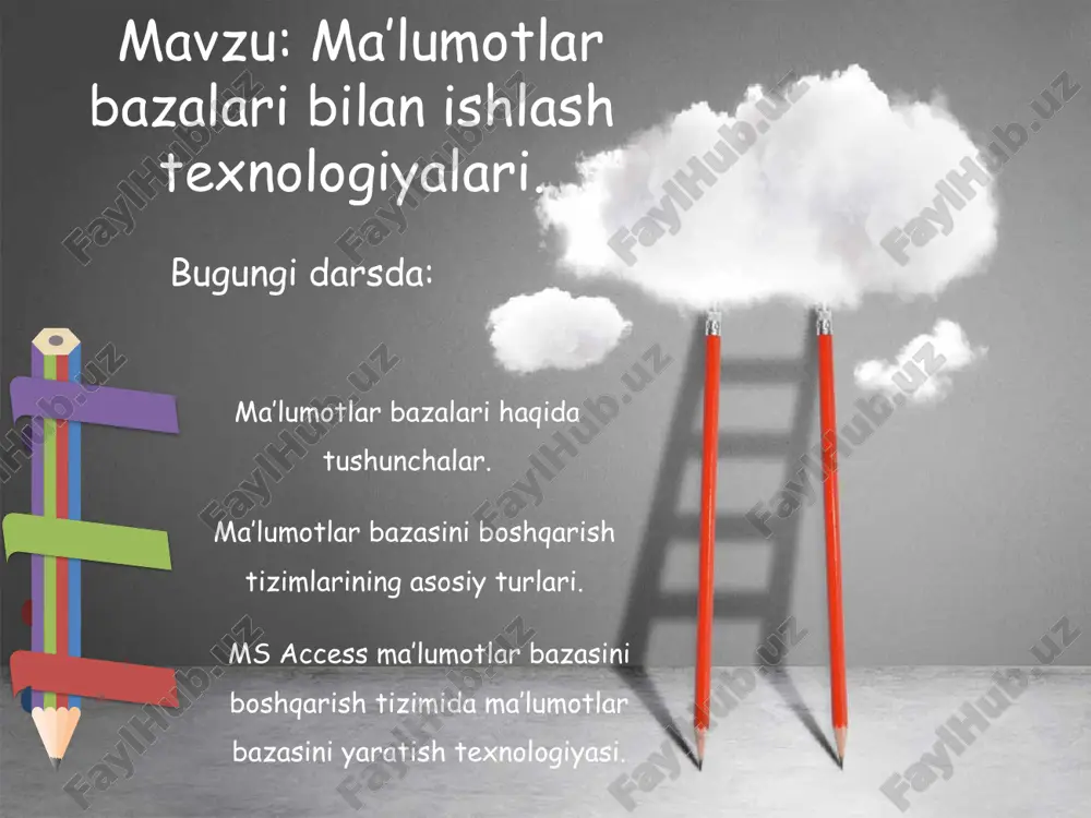 bog‘liq. ma’lumotlat bazasini boshqarish tizimlari mbbt ma‘lumotlar bazasini boshqarish tizimi (mbbt) -bu dasturiy va apparat vositalarining murakkab majmuasi bo‘lib, ular yordamida foydalanuvchi ma‘lumotlar bazasini yaratish va shu bazadagi ma‘lumotlar ustida ish yuritishi mumkin. ma’lumotlar bazasidan foydalanish uchun maxsus dasturlar yaratiladi va bunday dasturlar ma’lumotlar bazasini boshqarish tizimi deb ataladi ma’lumotlat bazasini boshqarish tizimlari juda ko‘p turdagi mbbt mavjud. oracle paradox foxpro ms access ma’lumotlat bazasini boshqarish tizimlari ob’ekt va kattalik ob’ekt-mavjud bo’lgan va o’ziga o’xshash narsalardan ajralib turadigan alohida olingan predmet. masalan: maktab, oliy o’quv yurti o’bekt hisoblanadi. shuningdek kimyoviy modda, zavod, inson ham ob’ekt bo’la oladi kattalik-biror bir ob’ektni ifodalovchi va uning muayyanbir nusxasi uchun berilgan sonli yoki matnli qiymatni belgilovchi ko’rsatkich. masalan: maktab, oliy o’quv yurtidagi guruhlarni olaylik. berilgan guruhdagi o’quvchilar soni va hakozolar kattalik hisoblanadi ma’lumotlarni turlari va tuzilishi belgili ma’lumotlar-har qanday belgili ma’lumotlarni qiymati ixtiyoriy uzunlikdagi alifbo-raqamli belgilar majmuidan iborat. masalan: “5”, “vatan”, “10+25”, ….. sonli …
