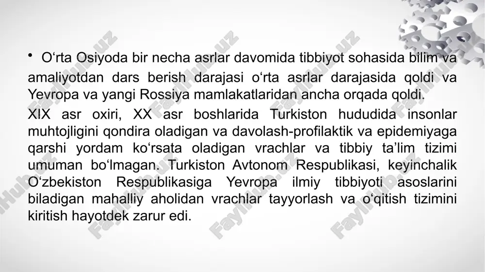 drasini boshqargan; a.n. kryukov (1878-1952) fakultativ terapiya kafedrasini tashkil qilgan; n.s.pereshivkin (1873-1932) umumiy jarrohlik va urologiya kafedrasini boshqargan; p.f.borovskiy (1862-1932) gospital jarrohlik klinikasini va kafedrasini boshqargan; m.i.slonim (1875-1945) gospital terapiya kafedrasi mudiri etib tayinlangan. p.p.rojdestvenskiy (1878-1922) -normal anatomiya kafedrasiga asos solgan; m.a.zaxarchenko (1879-1953) — asab kasalliklari kafedrasini boshqargan; yu.v.kannabix (1872-1921) psixiatriya kafedrasini mudiri; v.f.voyno-yaseneskiy (1877-1961) oxta kafedrasi mudiri etib tayinlangan; n.n. klodniskiy (1865-1929) yuqumli kasalliklar klinikasi va kafedrasini; v.b.vasil’evskiy — umumiy patologiya kafedrasini; a.a.yudin — fiziologiya kafedrasini, i.i.markelov — farmakologiya kafedrasini; a.n.ustinov — bolalar kasalliklari kafedrasini boshqarganlar turkiston universitetining tibbiyot fakul’teti o‘rta osiyoning barcha respublikalari uchun vrachlar tayyorlagan. bir necha talabalar toshkentga rossiyaning boshqa shaharlardan ko‘chib kelganlar. astraxan, samara va tomsk universitetlaridan bir qancha talabalar toshkentga kelgan va turkiston universitetiga o‘qishga kirgan. mahalliy aholidan vrachlar tayyorlash katta qiyinchiliklarni keltirib chiqargan, chunki mashg‘ulotlar rus tilida olib borilar edi. bundan tashqari, o‘rta ma’lumoti yo‘qligi sababli ko‘pchilik talabalar oliy o‘quv muassasasida o‘qiy olmasdilar. …