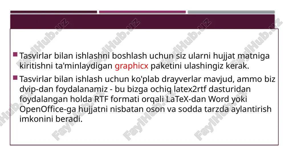 ogga, bu holda tex faylimiz bilan katalogda joylashgan noiseimages pastki katalogiga nusxa oling. rasm qo'shishdan tashqari, bizga sarlavha va unga havola qilish qobiliyati kerak. quyidagilarni bajaramiz rasmning matndagi oʻrnini aniqlash - \begin{figure}[h] “menga rasm kerak edi”. tex algoritmlariga sahifaning toʻliqligidan kelib chiqib qaror qabul qilishiga ruxsat berish “men bu yerda rasm bo‘lishini juda xohlayman” va mushtingiz bilan stolga urgandek -text \begin{figure}[h!]. rasm shu yerda va nuqta \begin{figure}[h] “men bu yerda rasmni xohlayman va bu zarur" va p harfi qo'shilishi bilan biz latexga rasmni quyidagi sahifaga alohida joylashtirishga majbur qilamiz: \begin{figure}[ph]. \caption{ma'lumotlar uchun signalning shovqinga bog'liqligi} rasmi ostiga sarlavha kiritish. rasmga havolani kiritish \label{ris:image} bu misolda hamma narsa oddiy va tushunarli: biz rasm papkasida joylashgan rasmni matnga joylashtirdik - joylashtirishni tanlashni tex ga qoldirdik. uning o'lchami butun chiziq bo’ylab bo'ladi, sarlavha "n-rasm: ma'lumotlar uchun signalning shovqinga bog'liqligi" bo'ladi, bu yerda n - hujjatni yig'ish paytida keyinroq qo'shiladigan raqam. \begin{figure}[h] \center{\includegraphics[width=1\linewidth]{image}} \caption{zavisimost …
