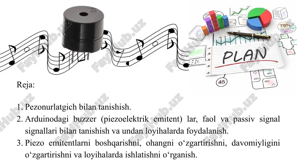 rmatsiyalana boshlaydi. bunday holda, kerakli chastotadagi "shovqin" chiqaradigan metall plastinkaga zarbalar bo‘ladi. shuni ham yodda tutish kerakki, signalning ikki turi mavjud: faol va passiv. ularning ishlash printsipi bir xil, lekin faol rejimda tovush chastotasini o‘zgartirishning iloji yo‘q, garchi ovozning o‘zi balandroq bo‘lsa va ulanish osonroq bo‘lsada. faol va passiv buzzer o‘rtasidagi farq faol va passiv signalning asosiy farqi shundaki, faol signal o‘z -o‘zidan ovoz chiqaradi. buning uchun foydalanuvchi uni yoqishi yoki o‘chirishi kerak, boshqacha qilib aytganda, kontaktlarga kuchlanish kiritish yoki quvvatni o‘chirish. boshqa tomondan, passiv buzzer tovush signalining parametrlarini o‘rnatadigan signal manbasini talab qiladi. arduino platasi manba sifatida xizmat qilishi mumkin. faol ovozli signal raqobatchisiga qaraganda balandroq bo‘ladi. faol signal signalining chastotasi 2,5 khz +/- 300 gts. quvvat kuchlanishi 3,5 dan 5 v gacha o‘zgarib turadi. faol piezoelektrik emitent ham afzaldir, chunki eskizda ish jarayoniga ta'sir qiladigan kechikish bilan qo‘shimcha kod bo‘lagini yaratish shart bo‘lmaydi. bundan tashqari, foydalanuvchi oldida qaysi …