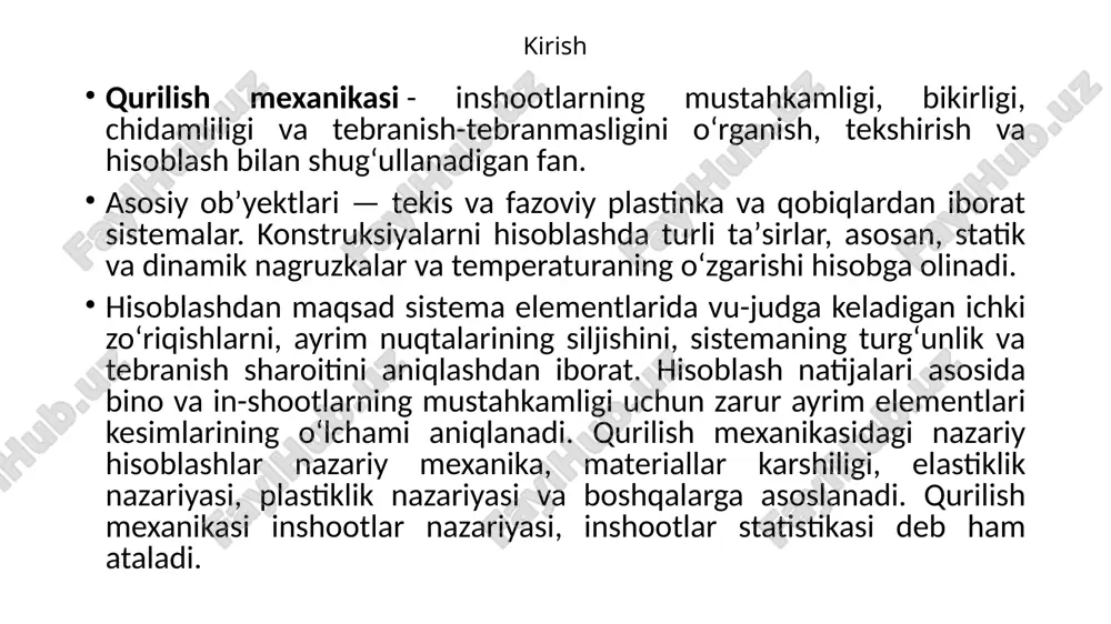 h yoʻnalishi boʻyicha siljishlar ortiqcha nomaʼlum deb qabul qilinadi. aralash usulda kuch va siljish usullaridan bir-galikda foydalaniladi; bunda asosiy sistema baʼzi bogʻlanishlarni qoʻshish, baʼzilarini olib tashlash yoʻli bilan hosil qilinadi. shuning uchun kuch va siljishlar ortiqcha nomaʼlum boʻladi. qurilish mexanikasining inshootlarni hisoblash usullari nazariy mexanika va materiallar qarshiligi fanlarining taraqqiy etishi bilan rivojlana bordi. 19-asrgacha qurilish mexanikasida grafik usul bilan hisoblash usuli qoʻllanildi va bu usul "grafosta-tistika" deb ataldi. 20-asrga kelib grafik usul oʻrnini analitik usul egalladi. 18—19-asrlarda l. eyler, ya.ber-nulli, j. lagranj va s. puasson ishlari asosida kelib chiqqan analitik usullar 19-asr 2-yarmidan temir yoʻl koʻpriklari, yirik sanoat inshootlari qurilishi natijasida jadal rivojlandi. yuqorida aytib oʻtilgan fanlarning rivojlanishi tufayli qurilish mexanikasi usullari ham takomillashib bordi. oʻzbeknston meʼmorligi qadimiyligi, turli-tuman meʼmoriy yodgorliklari bilan mashhur (qarang meʼmorlik). qad. milliy bino va inshootlar juda murakkabligi, geometrik shakllarning koʻpligi, zilzilabardosh qilib qurilganligi bilan ajralib turadi. ularni qurishda meʼmorlar qurilish mexanikasi usullaridan foydalanishgan ba’zi …