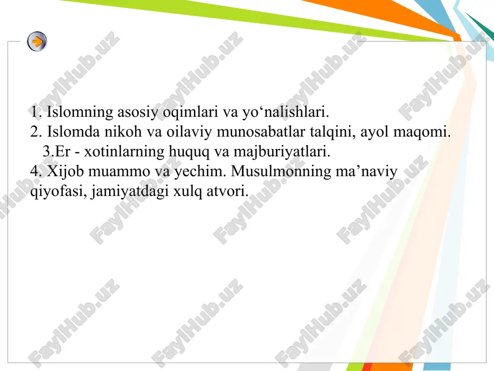 nish, xalqimiz va jahon jamoatchiligi oʼrtasida keng targʼib qilish boʼyicha izchil saʼy-harakatlar olib borilmoqda. islomdagi mazhablar va yoʼnalishlar xorijiylik shialik sunniylik bugungi kunda turli guruhlar tarafidan mazhablarni inkor qilish holatlari uchrab turibdi. ular mazhabsizlik gʼoyasini ilgari surib, asosiy maqsadlari asrlar davomida amal qilinib kelinayotgan fiqhiy mazhablarni inkor qilish hisoblanadi. mazhabsizlik gʼoyasi deyarli 12 asrdan ortiq vaqt mobaynida yashagan minglab ulamolarning butun umrlarini sarflab olgan ilmlari va qoldirgan meroslarini, yozgan asarlarini bekorga chiqaradi. mazhabsizlik gʼoyasini soxta salafiylar ilgari surmoqda. ularning fikricha, har bir kishi, oʼzi qurʼondan yoki hadisdan hukm olishi mumkin. chunki mujtahidlarning xulosasi boshqalar uchun asos boʼla olmaydi, har bir odam oʼzi fatvo berishi mumkin. shu oʼrinda fatvo va muftiy haqida toʼxtalib oʼtish oʼrinli. fatvo deb lugʼatda «mushkul ishga javob qidirish», «savolga javob berish» ga fatvo deyiladi. «muftiy» deb shariat hukmlari borasida fatvo beradigan odamga aytiladi. islomning asosiy ruknlari iymonnamozzakotro’zahaj qurʼon sura va oyatlar nozil boʼlish vaqti va joyiga koʼra …