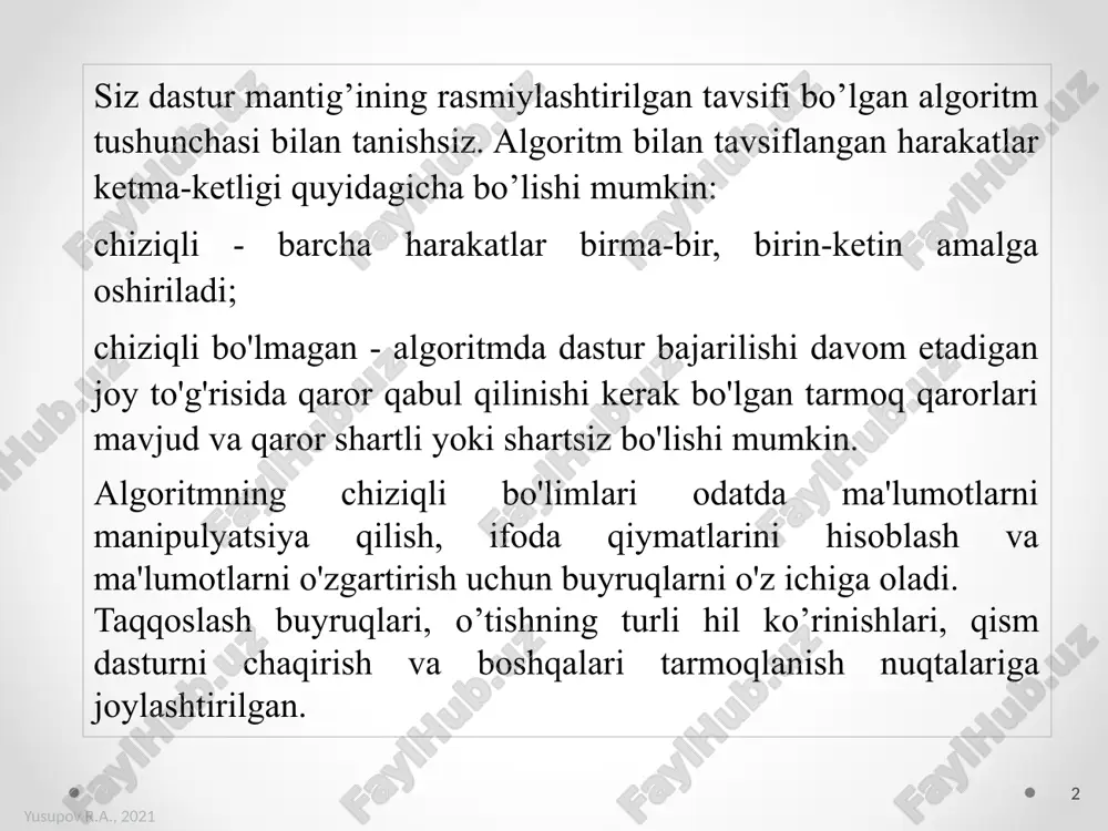 i. masalan, xchg ax, bx; ax va bx registrlari tarkibini almashtirish ;ax registrining mazmunini va xotiradagi so’zlarni [si] dagi adres bo’yicha almashtirish: xchg ax, word ptr [si] yusupov r.a., 2021 6 yusupov r.a., 2021 arifmetik buyruqlar qo'shish va ayirish buyruqlari add op1, op2 ;op1: = op1 + op2 adc op1, op2 ;op1: = op1 + op2 + cf sub op1, op2 ;op1: = op1 - op2 sbb op1, op2 ;op1: = op1 - op2 – cf neg op1 ; op1: = 0 - op1 cf, of, sf, zf arifmetik bayroqlari o’rnatiladi. inc op ;op: = op + 1 dec op ;op: = op – 1 buyruqlar of, sf, zf bayroqlarini o’rnatdilar. ko’paytirish va bo’lish buyruqlari mul op ;xs: = s1 * op, ishorasiz sonlar imul op ;xs: = s1 * op, ishorali sonlar div op ;s1: = xs div op2, s2: = xs mod op, ishorasiz sonlar idiv op ;s1: …