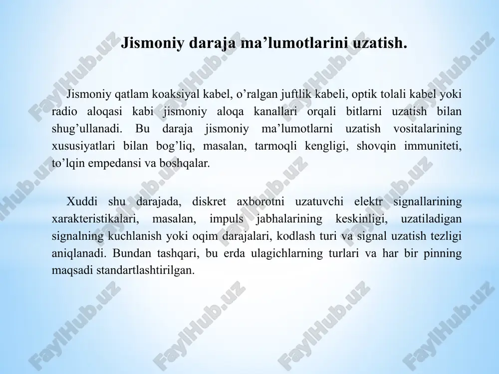 l kabel, sun’iy yo’ldosh ma’lumot uzatish va boshqalar kabi ma’lumotlarni uzatish vositalarining turlarini belgilaydi. jismoniy qatlamga tegishli tarmoq interfeyslarining standart turlari: v.35, rs-232, rs-485 , rj-11, rj-45, aui va bnc konnektorlari. jismoniy qatlam protokollari: ieee 802.15 (bluetooth), irda, eia rs-232, eia-422, eia-423, rs-449, rs-485, dsl, isdn, sonet/sdh, 802.11 wi-fi, etherloop, radio interfeysi, itu va itu-t, transferjet, arinc 818, g.hn/g.9960, ethernet modifikatsiyalari: 10base-t, 10base2, 10base5, 100base-t (100base-tx, 100base-t4, 1f0 kiradi) , 1000base-t, 1000base-tx, 1000base-sx jismoniy daraja ma’lumotlarini uzatish. eng oddiy bir segmentli tarmoqni qurish uchun tarmoq adapterlari va tegishli turdagi kabelga ega bo’lish kifoya. ammo bu oddiy holatda ham, qo’shimcha qurilmalar tez-tez ishlatiladi - kabel segmentining maksimal uzunligi bo’yicha cheklovlarni engib o’tishga imkon beruvchi signal takrorlagichlari. 100 mbit / s kanal orqali tarmoqni tashkil qilishda 2 juft burma juftlik ishlatiladi va 1, 2, 3 va 6 yadrolari ishlatiladi.gigabit tarmog’ini tashkil qilishda 4 juft ishlatiladi, ya’ni. buralgan juftlikning barcha 8 yadrosi. yangi …