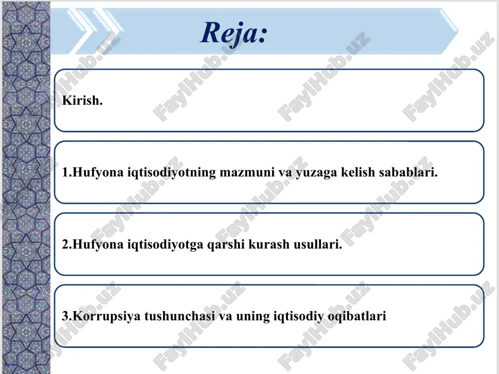 ari bilan bog'liq. transaktsiya xarajatlarining tasnifiga asoslangan holda, ta'kidlash lozimki, bunda asosan shartnomani tuzishdagi yuqori xarajatlar, mulkchilik huquqlarini tafsirlash va himoyalash xarajatlari va uchinchi shaxslardan himoyalash xarajatlari nazarda tutiladi. de soto ushbu xarajatlarni «qonunga bo'ysunish bahosi», deya ta'riflaydi. xufyona iqtisodiyotning mashhur iqtisodchi e.fayg tomonidan taklif etilgan tasnifi diqqatga sazavordir. faygning fikriga ko'ra “...har bir alohida xufyona iqtisodiyot turining tafsifi uning vakillari buzadigan institutsional qoidalar to'plami bilan belgilanadi, ya'ni ularning faoliyati qoidalar va normalarning o'rnatilgan tizimi doirasidan tashqariga chiqadi yoki uni chetlab o'tadi va, o'z navbatida, o'lchanmaydi va ijtimoiy jihatdan hisobga olinmaydi”. u yoki bu holatda qanaqa qoidalarning buzilishi xufyona iqtisodiyot turlarini farqlash mezoni hisoblanadi. ushbu mezondan tasniflash tizimi uchun asos sifatida foydalangan holda, e.fayg xufyona iqtisodiy harakatlarning to'rtta xilini ajratadi: nolegal (maxfiy, yashirincha), hisobga olinmagan, ro'yxatga olinmagan va norasmiy iqtisodiy faoliyat. nolegal iqtisodiyot nolegal iqtisodiyot tijoratning qonuniy shakllari sohasini belgilab beruvchi, yuridik normativlarni buzuvchi iqtisodiy faoliyat tomonidan ishlab topilgan daromadning …