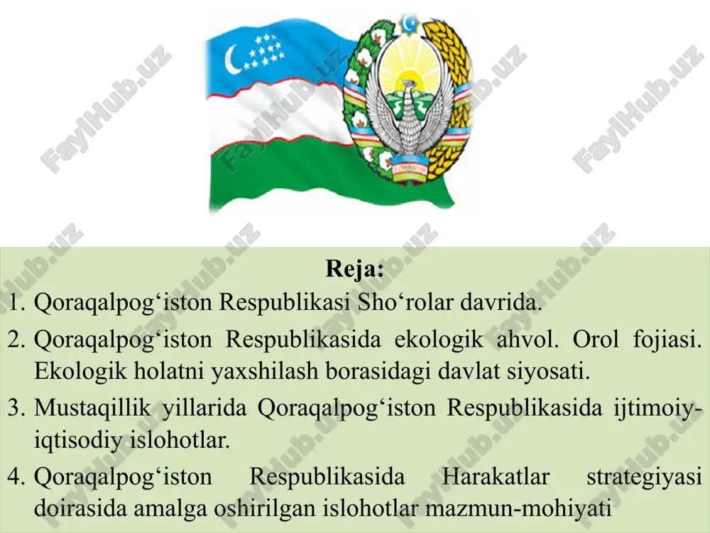 asi oliy kengashi o’zining xii sessiyasida (1993-yil 9-aprelda) qoraqalpog’iston respublikasi konstitutsiyasini qabul qildi qoraqalpog`iston respublikasi davlat bayrog`i qoraqalpog‘iston respublikasi oliy majlisining 1992-yil 14-dekabrda bo‘lib o‘tgan xi sessiyasida qabul qilingan qoraqalpog`iston respublikasi davlat gerbi 1993-yil 9-aprelda bo‘lib o’tgan xii sessiyasida qabul qilingan qoraqalpog`iston respublikasi davlat madhiyasi 1993-yil 4-dekabrda bo‘lib o’tgan xiv sessiyasida qabul qilingan. davlat ramzlari 6 qoraqalpog`iston respublikasi konstitutsiyasining ahamiyati quyidagilarda o`z aksini topgan: o`zbekiston respublikasi konstitutsiyasining 71-moddasida, qoraqalpog`iston respublikasining o`z konstitutsiyasiga ega bo`lishligi, uning o`zbekiston respublikasi konstitutsiyasiga zid bo`lmasligi ko`rsatilgan. - qoraqalpog`iston respublikasi o`zbekiston respublikasi tarkibiga kirishi hamda ular o`rtasidagi o`zaro do`stona munosabatlarning huquqiy asosi; - qoraqalpog`iston respublikasi o`z davlat ramzlariga ega ekanligini belgilaydi; - suveren hamda mustaqil davlat ekanligining kafili; - davlat va ma'muriy hududiy tuzilish masalalarini mustaqil hal qilishi; 7 parlament- qoraqalpog’iston respublikasi jo’qorg’i kengesi hisoblanadi. 86 deputatdan iborat. uning raisi, bir paytning o’zida o’zbekiston respublikasi senati raisining birinchi o’rinbosari hisoblanadi. 1991-1992-yillarda dauletbay shamshetov 1992-1997-yillarda ubbiniyaz ashirbekov …