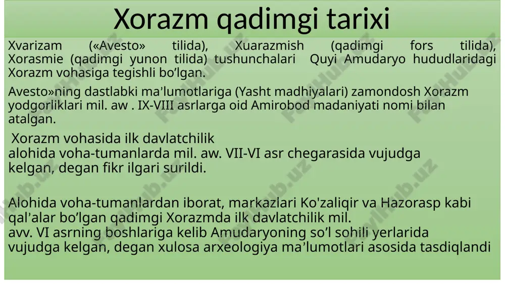 ubniki esa - kot shaharlari deb e’tirof etildi. bu ikkala shahar ham o’z davrining yirik savdo-iqtisodiy markazlari bo’lib hisoblanardi. 992-yili ikkala tomon o’rtasida bo’lib o’tgan janglarda shimoliy xorazm hukmdori ma’mun ibn ma’mun g’alaba qozondi hamda xorazmshoh unvonini qabul qilib, gurganj (hozirgi ko’hna urganch)ni poytaxt deb e’lon qildi. anushteginiylar (1097-1231) . xorazmshoh-anushtaginiylar sulolasining asoschisi anushtagin tarixchilardan rashididdin, hofizi abmlarning yozishlariga qaragana, o’g’uzlarning turkiy «bekdili» urug‘iga mansub bo’lib, yoshligida qul qilib sotilgan. uni saljuqiy harbiy amirlaridan izziddin o’nar bilgitagin sotib olgan. ushbu amir qul bolani sultonga taqdim etgan. sulton jaloliddin malikshoh i (1072-1092) davrida anushtagin saroyda ishonchli kishilar safidan joy olib, tez orada tashtdorlik mansabini egallagan. keyinchalik u «xorazm mutasarrufi» mansabiga tayinlanib, unga xorazm shixnasi (qal’a boshlig4i) unvoni beriladi. sulton rukniddin berkiyoruq (1094-1104) davrida xuroson hokimi bo‘lgan dodbek habashiy ibn oltuntosh (1097-yili vafot etgan) anushtaginning xizmatlarini inobatga olgan holda uning o‘g‘li qutbiddin muhammadni xorazm hokimi etib tayinlab, unga «xorazmshoh» unvonini beradi. ay …