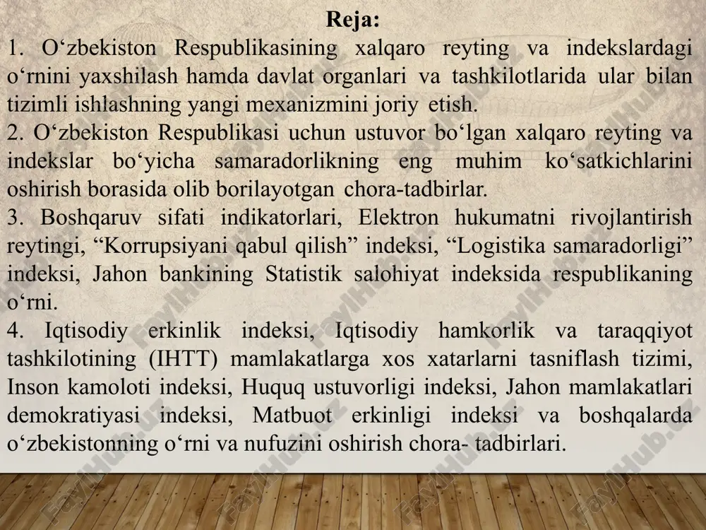 rda tutgan mavqei bilan belgilanadi. 2017-2021-yillarda oʻzbekiston respublikasini rivojlantirishning beshta ustuvor yoʻnalishi boʻyicha harakatlar strategiyasini amalga oshirish doirasida mamlakatimizning xalqaro maydondagi ijobiy obroʻsini shakllantirish, oʻzbekiston respublikasining xalqaro reytinglardagi oʻrnini xolis va haqqoniy baholashni taʼminlash boʻyicha aniq maqsadga yoʻnaltirilgan ishlar amalga oshirildi. mamlakatimizda amalga oshirilayotgan islohotlarni baholashning yaxlit va mustaqil tizimini shakllantirish, shuningdek, respublikaning xalqaro reytinglardagi oʻrnini yaxshilashni taʼminlash maqsadida: 1. oʻzbekiston respublikasi innovatsion rivojlanish vazirligi va adliya vazirligining oʻzbekiston respublikasining xalqaro reytinglardagi oʻrnini monitoring qilish va baholash milliy tizimini (keyingi oʻrinlarda – milliy monitoring tizimi) yaratish toʻgʻrisidagi taklifiga rozilik berildi. boshqaruv sifati va siyosatning samaradorligini oʻlchash, mamlakatda yuz berayotgan oʻzgarishlar jarayonini baholash, tadqiqotlar natijalaridan kelib chiqqan holda islohotlarning ustuvor yoʻnalishlarini ishlab chiqishga yordam beruvchi ustuvor xalqaro reytinglarning mezonlari va indikatorlari milliy monitoring tizimining tarkibiy qismi etib belgilandi. 2. milliy monitoring tizimi faoliyatini tashkil etishning dastlabki bosqichi sifatida respublikadagi tadqiqot institutlariga alohida xalqaro reytinglar ilovaga muvofiq biriktirildi va ularga quyidagi vazifalar …