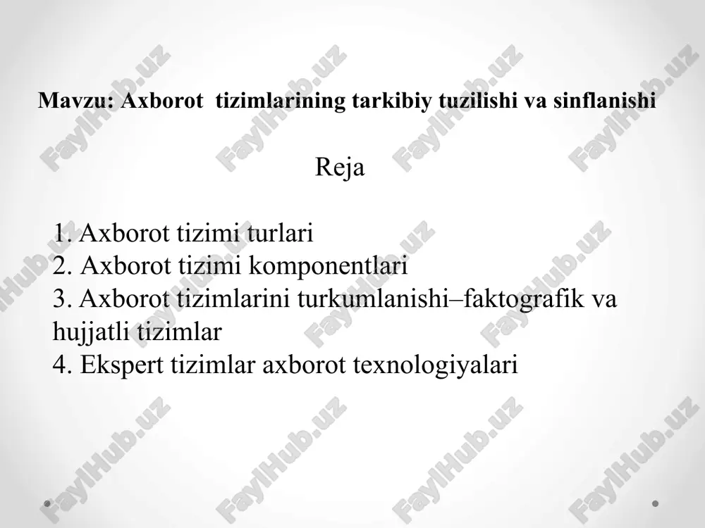 shqarish menyusi orqali quyidagicha belgilash mumkin: kalitlar andaza kiritish/chiqarish birinchi qator tanlanganda, asosiy kalit (so‘zlar) ekranda hosil bo‘ladi va foydalanuvchi ulardan keraklisini pgup, pgdn, , va h.k. tugmachalaridan foydalanib tanlaydi. kerakli kalit tanlangach, unga mos andaza ekranga chiqadi (ya'ni ish tartibi o ‘rnatiladi), so‘ngra (lozim bo‘lsa) andazadagi axborotlarni o‘zgartirib yoki o ‘zgartirmagan holda undan foydalaniladi. axborot tizimlarini turkumlanishi–faktografik va hujjatli tizimlar ko'rinishi sodda va qo‘yilgan masalalarga yagona, aniq yechimni ko‘rsata oladigan tizimlar faktografik tizimlar deyiladi. faktografik tizimlarni universal va maxsus tizimlarga ajratish mumkin. universal tizimlar turli sohalardagi har qanday ma’lumot bilan ishlashi mumkin. bu tizimda asosiy vazifa kiritilgan ma’lumotlar omboridan to‘g‘ri foydalana olishdir. foydalanuvchi tomonidan turli mazmunga ega bo‘lgan ma’lumotlar (masalan , maqola, kitob, referat, qonun matnlari,me'yoriy hujjatlar va h.k.), odatda, tartibsiz joylashgan bo‘ladi. axborot tizimlari bunday ma’lumotlar ichidan berilgan savolga yagona va bir qiymatli javob topib bera olmaydi. ular hujjatli tizimlar deb ataladi. axborot tizimlarida ma’lumot almashish biror moddiy …