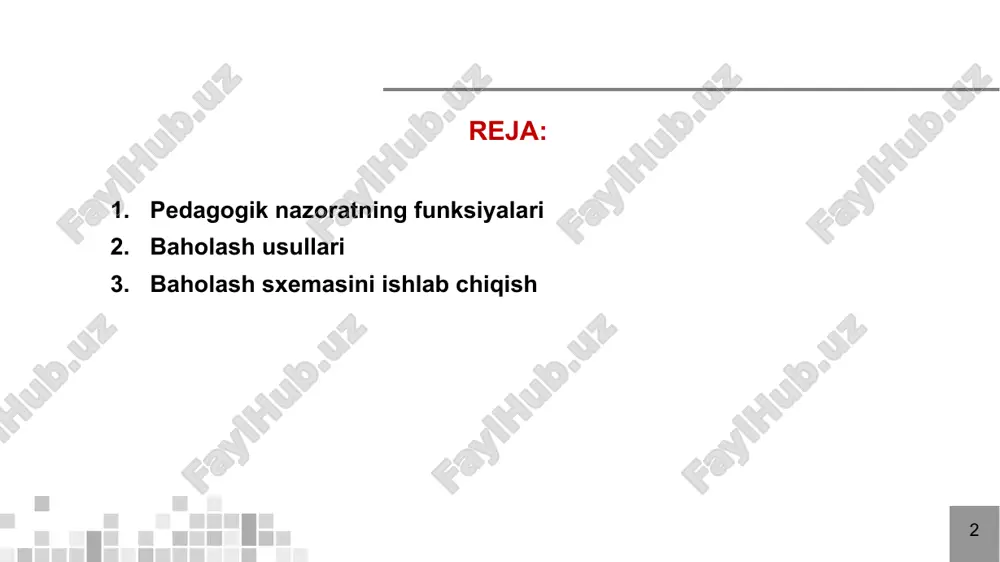 hiqish. usullari: testlar, so’rovnomalar, suhbatlar, kuzatuvlar. v uchebnom protsesse vse funktsii tesno vzaimosvyazani i perepleteni. odnako obichno odna, vedushaya funktsiya prevaliruet nad ostalnimi. tak, na seminare v osnovnom proyavlyaetsya obuchayushaya funktsiya: viskazivayutsya razlichnie sujdeniya, zadayutsya navodyashie voprosi, obsujdayutsya oshibki, no vmeste s tem seminar vipolnyaet diagnosticheskuyu i vospitivayushuyu funktsii. zacheti, ekzameni, testirovanie vipolnyayut preimushestvenno diagnosticheskuyu funktsiyu kontrolya. metodi samootsenki napravleni na refleksiyu obuchayushixsya i vipolnyayut prejde vsego vospitatelnuyu funktsiyu * * pedagogik nazorat funktsiyalari orientatsiya maqsadi: o’quvchilarga o’z yutuqlari va kamchiliklari haqida ma’lumot berish, ularni to’g’ri yo’naltirish va motivatsiyasini oshirish. vazifalari: o’quvchilarga o’z natijalari haqida xolisona ma’lumot berish. o’zlashtirishni yaxshilash uchun aniq ko’rsatmalar va tavsiyalar berish. o’quvchilarda o’ziga ishonchni mustahkamlash va maqsadga erishishga undash. usullari: individual suhbatlar, konsultatsiyalar, teskari aloqa berish. v uchebnom protsesse vse funktsii tesno vzaimosvyazani i perepleteni. odnako obichno odna, vedushaya funktsiya prevaliruet nad ostalnimi. tak, na seminare v osnovnom proyavlyaetsya obuchayushaya funktsiya: viskazivayutsya razlichnie sujdeniya, zadayutsya …