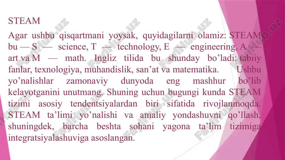 izni o’zgartirmoqda. amaliy qobiliyatga e’tibor berib, talabalar o’zlarining irodasini, ijodkorligini, moslashuvchanligini rivojlantiradi va boshqalar bilan hamkorlik qilishni o’rganadi. ushbu ko’nikmalar va bilimlar asosiy ta’lim vazifasini tashkil etadi, ya’ni. bu butun ta’lim tizimi nimaga intilishini. ta’limga ushbu yangi yondashuv qanday paydo bo’ldi? bu nazariya va amaliyotni birlashtirishning mantiqiy natijasidir. steam amerikada ishlab chiqilgan. ba’zi maktablar bitiruvchilarning martabalarini e’tiborga olishdi va fan, texnologiya, muhandislik va matematika kabi fanlarni birlashtirishga qaror qilishdi va stem tizimi shu tarzda shakllandi. (fan, texnika, muhandislik va matematika). keyinchalik bu erda art qo’shildi va endi steam oxirigacha shakllandi. o’qituvchilar ushbu mavzular, aniqrog’i ushbu fanlardan bilimlar kelajakda talabalarning yuqori malakali mutaxassis bo’lib etishishiga yordam beradi, deb hisoblashadi. oxir oqibat, bolalar yaxshi bilim olishga intilishadi va uni darhol amalda qo’llashadi. dunyo o’zgarib bormoqda, hatto ta’lim bir joyda turmasa ham. so’nggi o’n yilliklardagi o’zgarishlar yoqimli, ammo shu bilan birga bizni havotirlantiradi. ushbu yangi narsalarning ixtiro qilinishi bilan odamlar ilgari duch kelmagan …