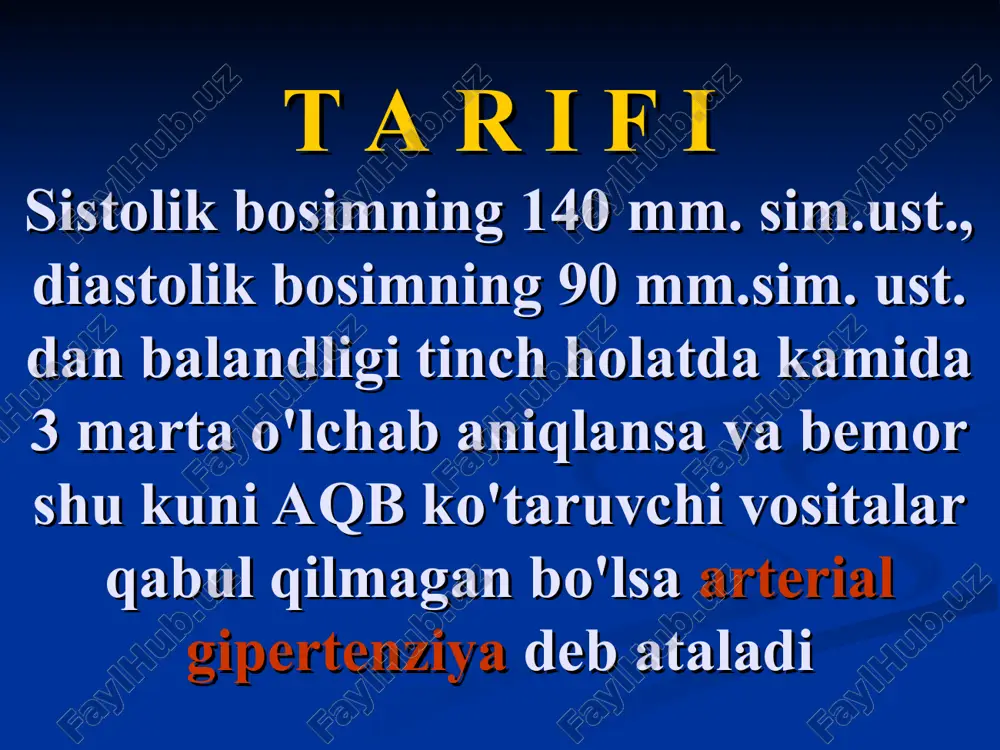 ptorlari stimullanishi bilan bog'liq oshishi. qizil ko'rsatkichlar – vazokonstriktor mexanizmlar, oq ko'rsatkichlar – noradrenalin ajralishini cheklovchi mexanizmlar. qon tomir diametri va devori qalinligi nisbati (kernogan indeksi) normada (a) va gkda (b). gkda yurak chap qorinchasi miokardining kontsentrik (a) va ekstsentrik (b) gipertrofiyasi. t a s n i f i bsst, 1996 bosqichi mezonlar aqb nishon-azolar shikastlanishi i aqb ≥ 140/90 yo'q ii aqb ≥ 140/90 bor, azolar funktsiyalari buzilmagan holda iii aqb ≥ 140/90 bor, azolar funktsiyalari buzilishi bilan arterial qon bosimi darajalari tasnifi 2002 y kategoriya sistolik diastolik optimal 180 >110 izolirlangan sistolik gipertenziya >140 30% klinikasi shikoyatlari bosh og'rig'i bosh aylanishi xotira susayishi boshda shovqin ko'zlar oldida «dog'lar» uchishi va ko'rishning boshqa turli buzilishi yurak sohasi og'rig'i hansirash tez charchash tushkun kayfiyat klinikasi anamnestik malumotlar oilaviy anamnez lipid almashinuvi buzilishi ag davomiyligi dori vositalarini qabul qilishi yondosh kasalliklarining mavjudligi ikkilamchi ag simptomlarini aniqlash hayot tarzini baholash klinikasi fizikal …