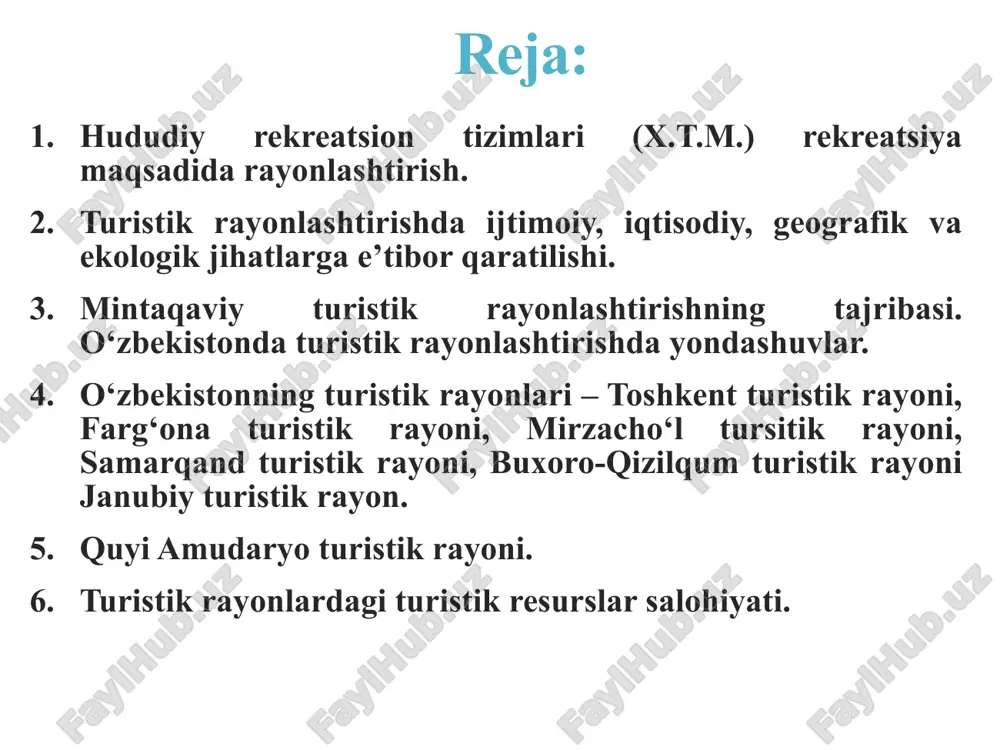 qadaryo, surxondaryo viloyatlari); quyi amudaryo (xorazm viloyati va qoraqalpog’iston respublikasi). 2. o‘zbekistonning turistik rayonlari – toshkent turistik rayoni, farg‘ona turistik rayoni, mirzacho‘l tursitik rayoni, samarqand turistik rayoni, buxoro-qizilqum turistik rayoni janubiy turistik rayon. toshkent turistik rayoni toshkent shahri va toshkent viloyatidan iborat mintaqa hisoblanadi. toshkent shahri – markaziy osiyoning eng yirik shahri – o’zbekistonning respublikasi poytaxtidir. toshkent qadimiy shaharlardan hisoblanib, u haqidagi dastlabki ma’lumotlar eramizdan oldingi ii asrdagi xitoy solnomalarida uchraydi farg’ona turistik rayoni respublikamizning uch viloyatidan iborat (farg’ona, andijon, namangan), eng so’lim, tabiati go’zal maskandir. rayon uzoq tarixga ega hunarmandchilikning yirik markazi sifatida hozir ham ahamiyatini yuqotmagan. qadimiy shaharlardan hisoblangan qo’qon shahrida bir qancha arxitektura yodgorliklari mavjud. masalan, qo’qonning oxirgi xoni xudoyorxon saroyi, modarixon maqbarasi shular jumlasidandir. mirzacho’l turistik rayoni o’zining tabiiy rekreatsiya resurslari, o’ziga xos landshaft zonalari va qadimiy manzilgohlari bilan mashhur. jizzax viloyatining morguzar va turkiston tog’ tizmalaridagi tabiiy va rekreasiya maskanlari, sangzor daryosi havzasining landshaft zonalari …