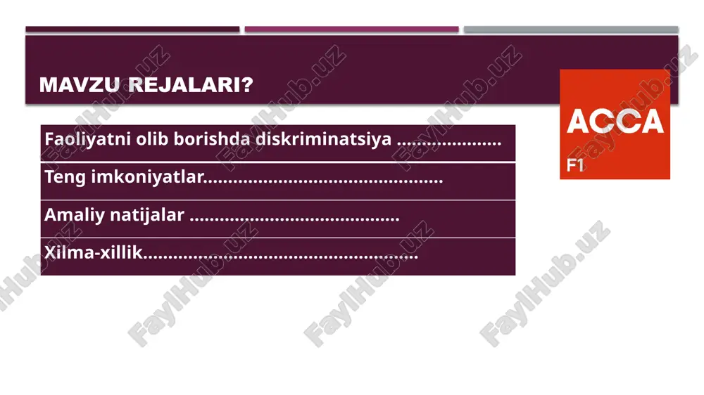 g sodiqligi orqali biznes uchun boshqa potentsial imtiyozlar. diskriminatsiyaning uch turi mavjud. to'g'ridan-to'g'ri diskriminatsiya bir manfaatlar guruhiga boshqasiga nisbatan kamroq munosabatda bo'lganda yuzaga keladi (istisnolar bundan mustasno). potentsial ish beruvchining o'zi bilmagan holda to'g'ridan-to'g'ri kamsitish bilan shug'ullanishi. • bilvosita diskriminatsiya siyosat yoki amaliyot shakli bo'yicha adolatli bo'lsa-da, kamsituvchi bo'lsa sodir bo'ladi. yana bir misol, xodimlarga yarim kunlik ishlashni taqiqlovchi siyosat (bolalar yoki oilaviy majburiyatlari bo'lganlar noqulay ahvolda bo'lishi mumkin). • viktimizatsiya shaxs ma'lumot bergani yoki kamsitish haqidagi shikoyati bo'yicha harakat qilgani uchun jazolanganda sodir bo'ladi. samarali teng imkoniyatlar siyosatini ishlab chiqish ishga qabul qilish va tanlash kamsitish haqidagi da'volarga hamda haqiqiy (ko'pincha qasddan bo'lmagan) tengsizliklarga nisbatan sezgir bo'lgan sohalardir. funktsional ajratish qonuniy qoidalarga rioya qilishdan tashqari, ba'zi ish beruvchilar kamsitishning asosiy muammolarini hal qilishni boshladilar. "xilma-xillikni boshqarish" kontseptsiyasi hozirgi vaqtda tashkilotlar e'tibor qaratadigan individual farqlarning aspektlari shaxslar o'rtasidagi eng aniq farqlarning qo'pol va bajarilmaydigan tasnifi ekanligiga ishonishga asoslanadi. ingham (2003) …