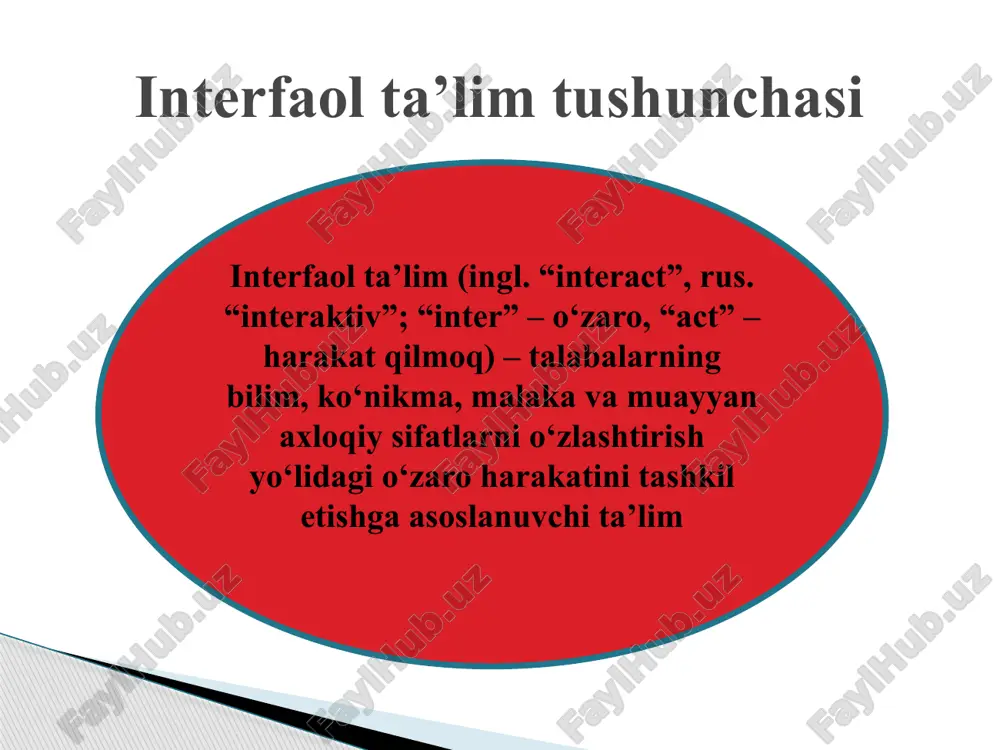 i, o‘zlashtirishni nazorat qilishiga sarflanadi dars vaqtining ko‘p qismi o‘quvchilarning mustaqil topshiriqlarni bajarishi, fikr almashishi, mushohada qilishi, o‘z xulosalarini bayon qilishi va himoyalashiga sarflanadi 8. darsning modul va algoritmi darsning modul va algoritmlaridan har bir o‘qituvchi o‘zi qo‘llayotgan metodga muvofiq foydalanadi har bir dars oldindan tayyorlangan modullar va algoritmlarga, loyihalarga muvofiq o‘tkaziladi 9. o‘quvchilar ning faollik darajasi o‘qituvchi har tomonlama faol, o‘quvchilar diqqatni jamlash, tushunish, fikrlash, topshiriqlarni bajarish bo‘yicha faol o‘qituvchi ham, o‘quvchilar ham har tomonlama faol. shakllari: o‘qituvchi-o‘quvchi; o‘quvchi-o‘quvchi; o‘quvchi-kichik guruh; kichik guruh-kichik guruh; o‘quvchi-o‘qituvchi; kichik guruh-o‘qituvchi; guruh-o‘qituvchi 10. kutiladigan natija mavzu bo‘yicha o‘quvchilarning bilim, ko‘nikma, malakalarni o‘zlashtirishlari mavzu bo‘yicha o‘quvchilarning o‘z fikr, xulosalarini shakllantirish, ularni mustaqil bilim olishga o‘rgatish interfaol metodlar deganda-ta’lim oluvchilarni faollashtiruvchi va mustaqil fikrlashga undovchi, ta’lim jarayonining markazida ta’lim oluvchi bo‘lgan metodlar tushuniladi. bu metodlar qo‘llanilganda ta’lim beruvchi ta’lim oluvchini faol ishtirok etishga chorlaydi. interfaol metodlar ushbu usul talaba (o‘quvchi)larni, harakatlar ketma-ketligini to‘g‘ri tashkil etishga, …