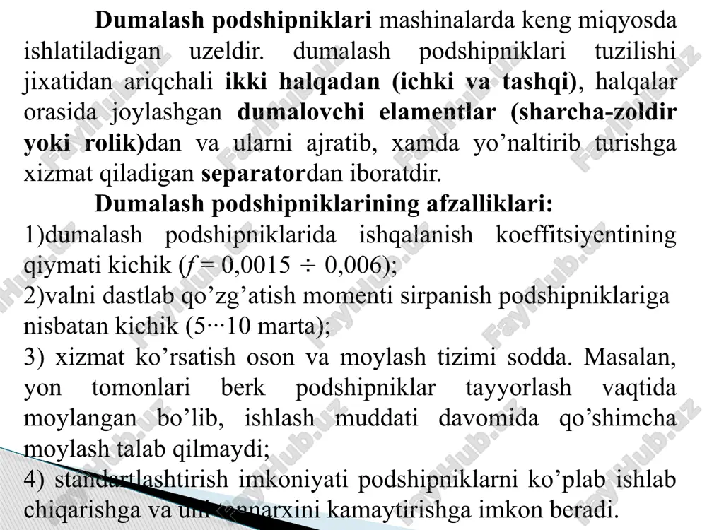00 ikki qatorli sferik vintsimon kesikli rolikli rolikli tirak podshipniklar tipi 9000 konussimon ro‘likli dumalash podshiplarining konstruksiyalash dumalash elementlarining materiali – shx 15 markali po’lat podshiklarning dumalash elementlari sharcha qisqa ro‘likli uzun ro‘likli ignasimon vintsimon kesikli ro‘lik konussimon ro‘lik simmetrik bo‘chkasimon ro‘lik konussimon sverik ro‘lik qatorlar soniga ko’ra: bir va ikki qatorli bo’lishi mumkin. dumalash podshipniklari yuklanish qobiliyati va o’lchamlariga (diametr va eniga) ko’ra 7 seriyaga bo’linadi: o’ta yengil (0), juda yengil (1), yengil (2), yengil enli (5), o’rta (3), o’rta enli (6) va og’ir (4). dumalash podshipniklarining asosiy o’lchamlari: tashqi halqaning tashqi diametri- d (korpus teshigini diametri), ichki halqaning ichki diametri- d (val diametri), podshipnik eni- b, xalqalarning egrilik radiusi - r dumalash podshipniklari aniqligi bo’yicha 5 sinfga bo’linadi: 0 – normal, 6, 5, 4 va 2 – sinflar. aniqlik sinfi dumalash podshipniklari shartli belgisining oldiga tire qo’yilib yoziladi. aniqlik sinfi yozilmasa u normal sinfga mansub bo’ladi. aniqlik sinfi …