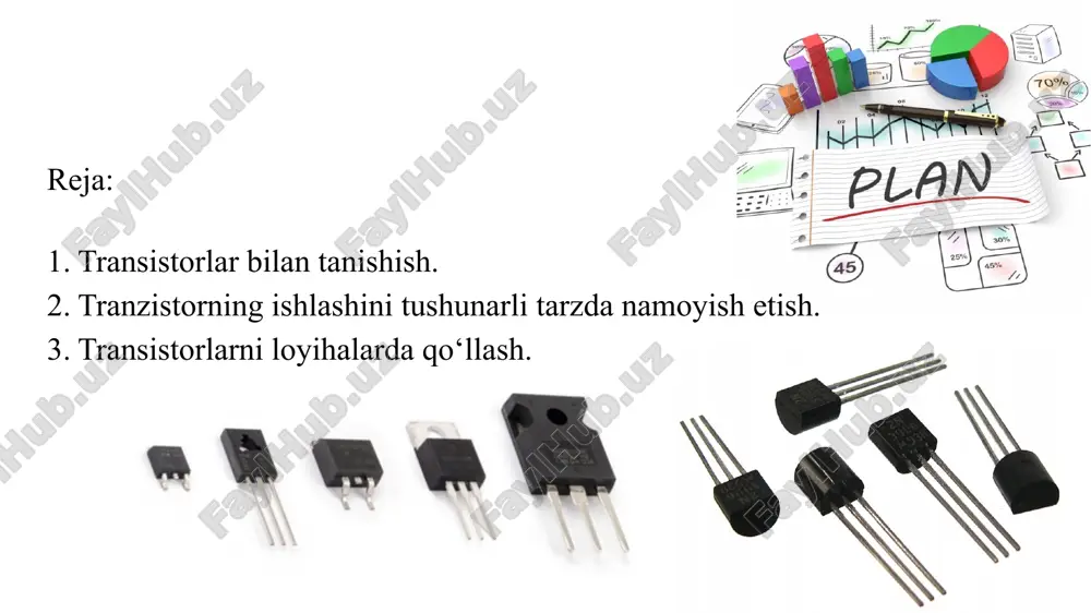 ayniqsa kremniydan? p va n yarimo‘tkazgichlar kremniyga mishyak qo‘shilsa, juda ko‘p erkin elektronlar kremniyga aylanadi. va bo‘sh elektronlar ko‘p bo‘lgan materiallarni biz allaqachon o‘tkazgich deb ataymiz. shunday qilib, silikon, mishyak bilan doping (aralashtirish) dan so‘ng, yarimo‘tkazgichdan juda yaxshi o‘tkazgichga aylanadi. elektronlar manfiy zaryadga ega va ular yarimo‘tkazgichdagi sahrodagi qum donalariga o‘xshaydi, demak, bunday yarimo‘tkazgich n tipidagi yarimo‘tkazgich deb ataladi. n - ingliz tilidan. negative - manfiy. transistor qanday kuchaytirib beradi? transistorning ishlash tamoyilini tushunish uchun ushbu fotosuratga qaraylik: keling, bu tranzistorning eng oddiy modeli deb hisoblashga rozi bo‘laylik. suv oqimining yo‘nalishi - elektr tokining yo‘nalishi. bizning "tranzistorimiz" npn o‘tkazuvchanligiga ega bo‘lsin, ya'ni shunday bo‘ladi: kran (baza) yordamida biz quvur orqali suv oqimi tezligini kamaytiramiz yoki oshiramiz. bizning holatda, suv sariq trubadan qora trubaga yoki tranzistorga o‘xshab oqadi: kollektordan emitentgacha, chunki emitter o‘qi elektr tokining yo‘nalishini ko‘rsatadi. shunday qilib, bu holatda, kran to‘liq yopiladi, shuning uchun suv oqimi quvurdan o‘tmaydi: shunday …