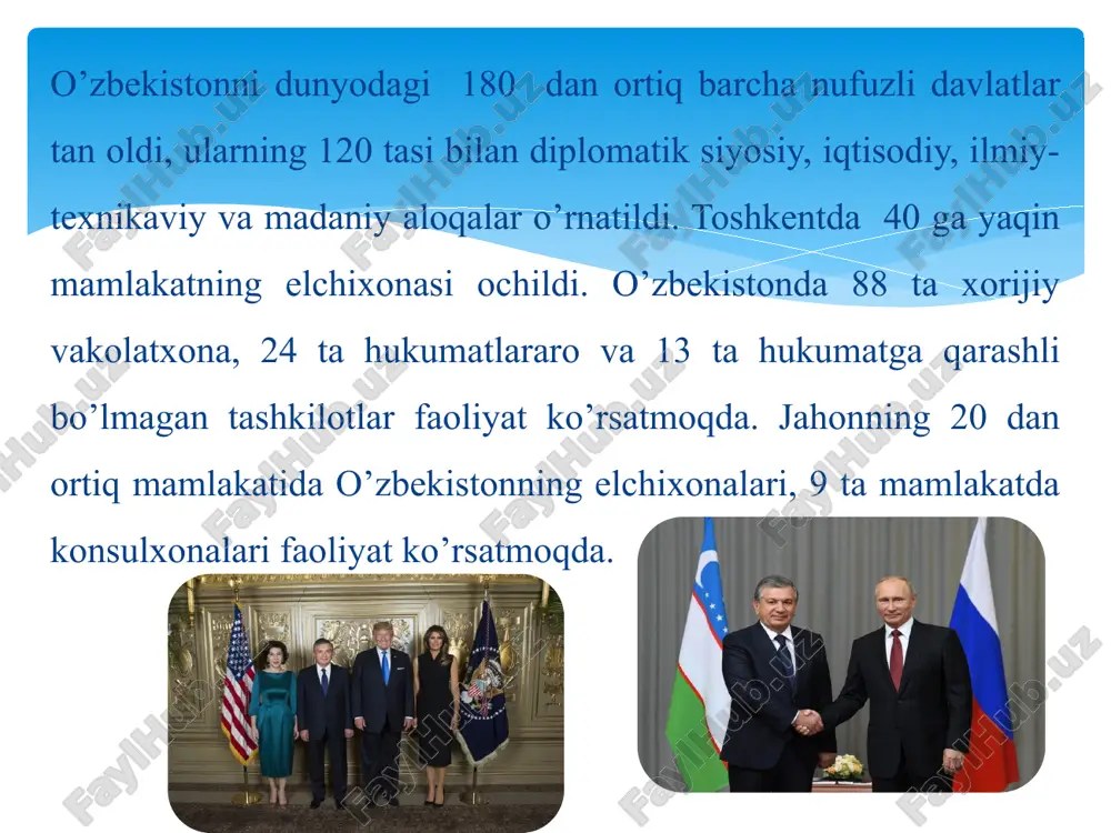 sambleyasining 1993 yilda bo’lgan 48-sessiyasida ishtirok etishi va unda qilgan ma’ruzasi o’zbekistonni jahonga ko’hna va navqiron davlat sifatida tanitdi. o’zbekiston bmt ning 50 yilligiga bag’ishlangan tantanalarda faol qatnashdi. o’zbekiston respublikasining birinchi prezidenti i. a. karimov bmt bosh assambleyasining 1995 yil sentyabr-noyabr oylarida bo’lib o’tgan 50-ubiley sessiyasida qatnashib bu nufuzli tashkilot faoliyatini yaxshilashga doir o’z takliflarini bayon qildi. o’zbekiston respublikasining birinchi prezidenti i. a. karimov xalqaro tashkilotlar yagona tizimini vujudga keltirish xxi asr taqdirini belgilaydigan muhim omil ekanligini ko’rsatib berdi. o’zbekiston 1992 yil fevral oyida dunyoda tinchlikni mustahkamlash, inson huquqlarini himoya qilish bo’yicha katta tadbirlar amalga oshirayotgan nufuzli xalqaro tashkilot –yevropada xavfsizlik va hamkorlik tashkilotiga a’zo bo’lib kirdi. o’zbekiston mdh ga a’zo davlatlar bilan o’zaro ikki taraf uchun ham foydali hamkorlik qilishga hamisha tayyor va o’z tashqi siyosatida shunga intilib kelayapti. mdh ga a’zo ko’p mamlakatlar bilan ana shunday hamkorlikda ish olib borilmoqda. 1991-2001 yillarda rossiya, ukraina, belorus, moldava, gruziya, ozarbayjon, …