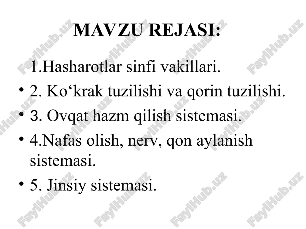 8,9- sakkizinchi va to‘qqizinchi sternitlar; 10-tuxum qo‘ygich. ovqat hazm qilish sistemasi-og‘iz bo‘shlig‘idan boshlanib anal teshigida tugaydigan ichaklar kiradi. ichaklar morfologik tuzilishi va hosil bo‘lishiga ko‘ra 3-bo‘limga bo‘linadi. oldingi ichak- xalqum, qizilo‘ngach, jig‘ildon va muskulli oshqozon kiradi. o‘rta ichak -xech qanday bo‘limlarga bo‘linmagan va ichki yuzasi epiteliy to‘qimasi bilan qoplangan. xaqiqiy oshqozon deb ataladi. orqa ichak- malpigiy tomirlari uning yuzasi xitin bo‘lib, ingichka, yo‘g‘on va to‘g‘ri ichaklarga bo‘linadi. ba’zan orqa ichak bo‘ylab ko‘richak joylashadi. erkak suvarakning ichki organlari a-orqa tomoni va b-yon tomonidan ko‘rinishi: 1,2-so‘lak bezlari va ularning xaltasi; 3-jig‘ildon; 4-oshqozon; 5-o‘rta ichak; 6-malpigi naylari; 7-orqa ichak; 8,9-traxeya sistemasi naychalari; 10-qorin nerv zanjiri; 11-urug‘don; 12-qo‘shimcha bez; 13-yurak; 14-bosh miya; 15-simpatik nerv sistemasi; 16-pilorik o‘simtalar. nafas olish sistemasi - to‘qima va xujayralarni xavo bilan ta’minlovchi traxeyalar sistemasi kiradi. traxeyalar ikki qavatdan iborat. 1. ichki juda yupqa kutikula 2. ustki qavat gipoderma nafas olish teshikchalari stigmalar deyiladi. traxeyalarni juda mayda kaplyarlari traxeolalar deb …
