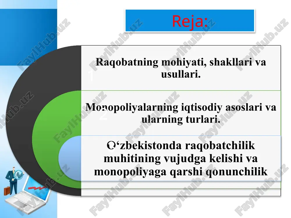 irilgan. raqobat shakllari 1. ishlab chiqaruvchi larning bozordagi mavqeiga ko`ra sof yoki erkin raqobat; sof monopoliya; monopolistik raqobat; oligopoliya. 2. miqyosiga ko`ra: tarmoqlar ichidagi raqobat; tarmoqlar o`rtasidagi raqobat; millliy xo`jalik doirasidagi raqobat; jahon xo`jaligi doirasidagi raqobat. 3. sodir bo`lish xarakteriga ko`ra tartibsiz raqobat; tartibga solinadigan raqobat 4. amalga oshirish usuliga ko`ra: vositasidagi raqobat; narxsiz raqobat. 5. amalga oshirish yo`liga ko`ra: xalol raqobat; g`irrom raqobat. raqobat usullari narx yordamida narxsiz narx vositasida raqobatlashishda ishlab chiqaruvchilar o`z tovarlarining narxini raqiblari tovarlari narxidan pasaytirish orqali iste`molchilarni og`dirib olish va bozordagi mavqeini mustahkamlashga harakat qiladi. narxsiz raqobatda raqobatlashish vositasi sifatida narxdan tashqari omillardan foydalanib tovar sotish hajmini ko`paytirib borishga harakat qilinadi. 1.narx yordamida raqobatlashish: bunda yirik ishlab chiqaruvchilar raqiblarini tarmoq (bozor) dan siqib chiqarish uchun tovarlariga narxlarini vaqti – vaqti bilan va uzoq muddat pasaytirib turadi. 2.demping narxlarini qo`llash bunda milliy ishlab chiqaruvchilar o`zlarining tovarlarini boshqa mamlakatlarga ichki bozordagi narxlardan, ayrim hollard tan narxdan …