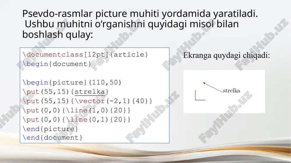 ladi keyin \put vergul bilan ajratilgan qavslar, ob’ektning koordinatalarini bajaradi, figurali qavslarda avval bo‘sh joysiz abstsissa, keyin ordinat psevdo-chizmaga joylashtiriladi; obyekt standart joylashuvi, psevdo-rasmning pastki chap burchagi bo’ladi. obyektning koordinatalari haqida gapirganda, ushbu ob’ektdagi "mos yozuvlar nuqtasi" deb nomlangan koordinatalari nazarda tutiladi. agar obyekt matn bo‘lsa, unda uning pastki chap burchagida joylashadi. ba’zan, matnni joylashtirayotganda pastki chapga emas, balki uning o‘ng tomoniga, koordinatalarini belgilash qulayroq bo‘ladi. burchak. buning uchun \llap buyrug‘ini bitta argument bilan ishlatish mumkin - boshlang‘ich nuqtasi pastki o‘ng tomonda joylashgan matnli burchak. quyidagi misolda bold “mushuk” so’zining boshlang‘ich nuqtasi pastki chap burchakda bo‘ladi, va "to’g‘rilangan“i - pastki o‘ngda. \documentclass[12pt]{article} \usepackage[cp1251]{inputenc} \usepackage[t2a]{fontenc} \usepackage[russian]{babel} \begin{document} \begin{picture}(110,40) \put(82,20){\textbf{mushuk}} \put(80,20){\llap{\textsf{mushuk}}} \end{picture} \end{document} pictere muhiti bilan bog‘liq yana bir nechta umumiy qoidalar. birinchidan, ushbu muhit ichida bo‘sh joylar bo‘lmasligi kerak. ikkinchidan, rasm muhiti atrofdagi matn bilan o‘zaro aloqasi haqida gapirish kerak. ushbu muhit yaratgan barcha psevdo-chizmalar tex tomonidan bitta katta xarf sifatida …